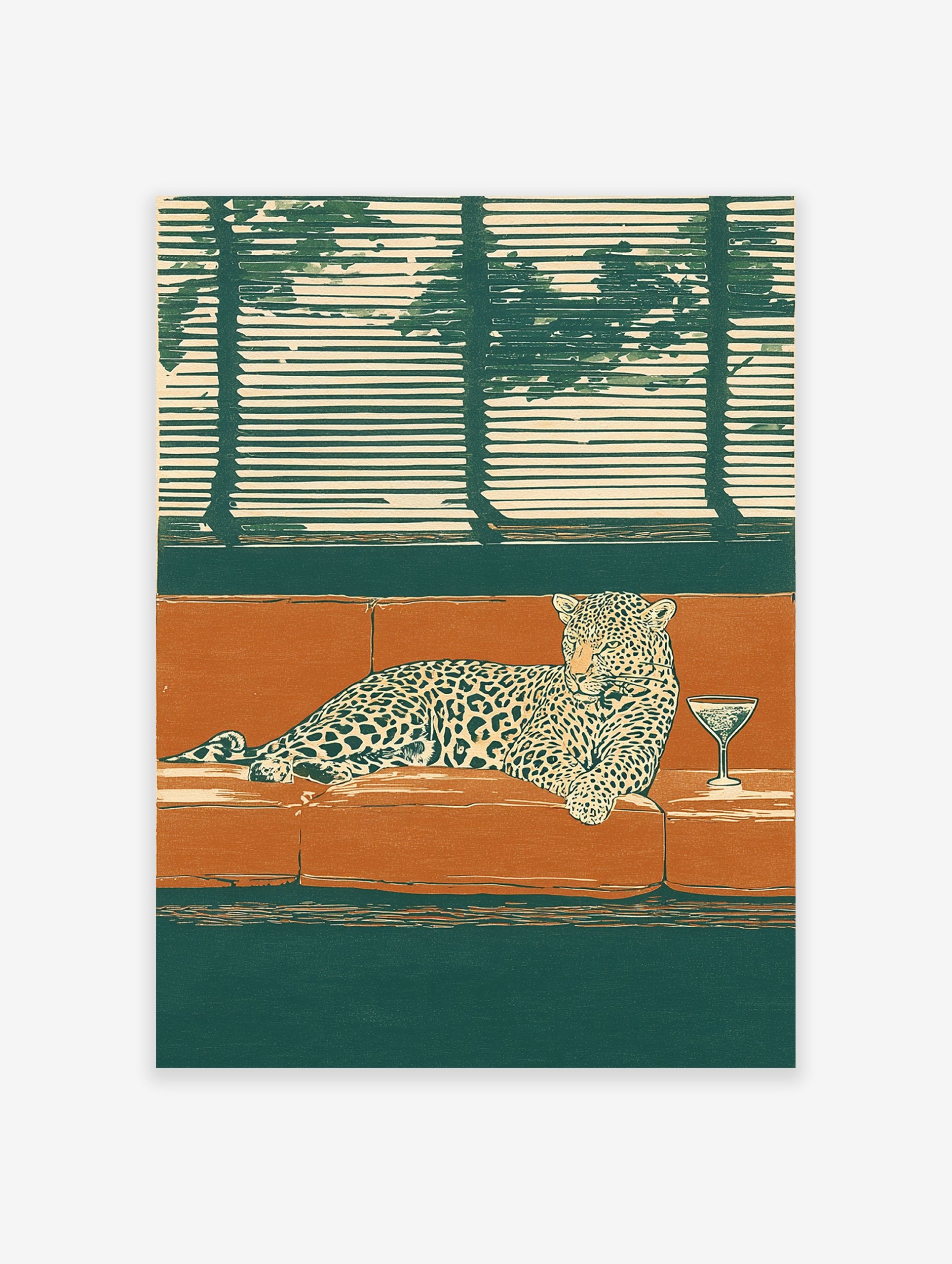 Illustrated leopard lounging on an orange couch with a martini glass, dark green background and window blinds.