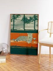 Illustrated leopard lounging on an orange couch with a martini glass, dark green background and window blinds. - Image 2
