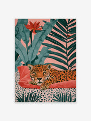 Leopard resting on a red cushion with tropical foliage and a pink background art print