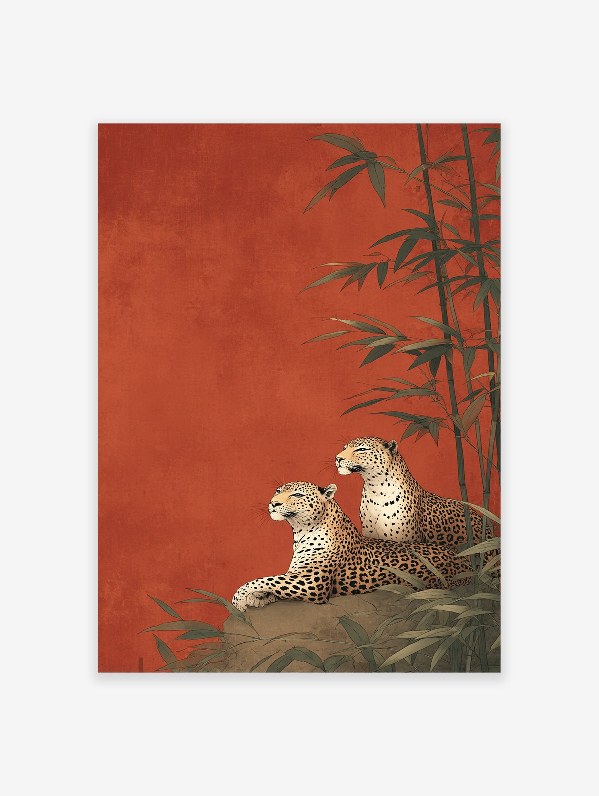 Two leopards lounging on a rock with bamboo stalks against a rich red-orange background in an illustrative leopard wall art print.