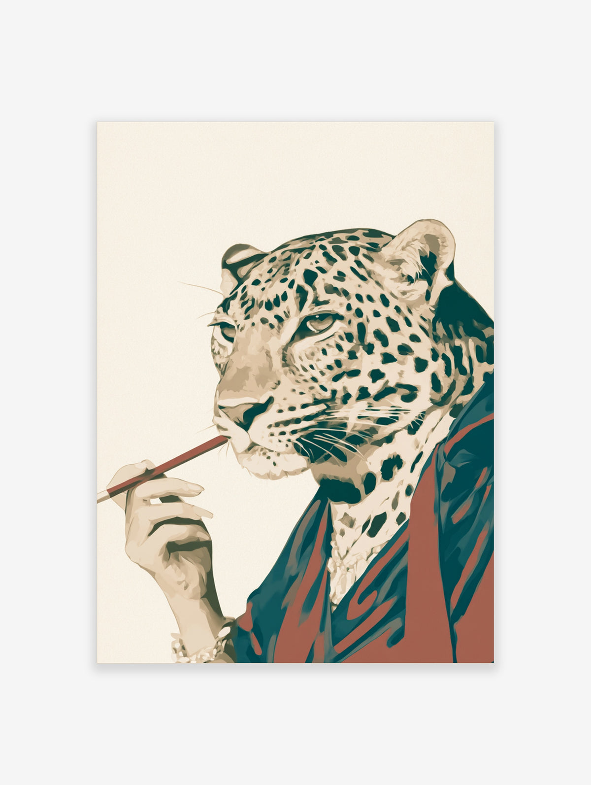 Leopard with cigarette wall art, stylised animal portrait with hand holding red stick, beige and teal