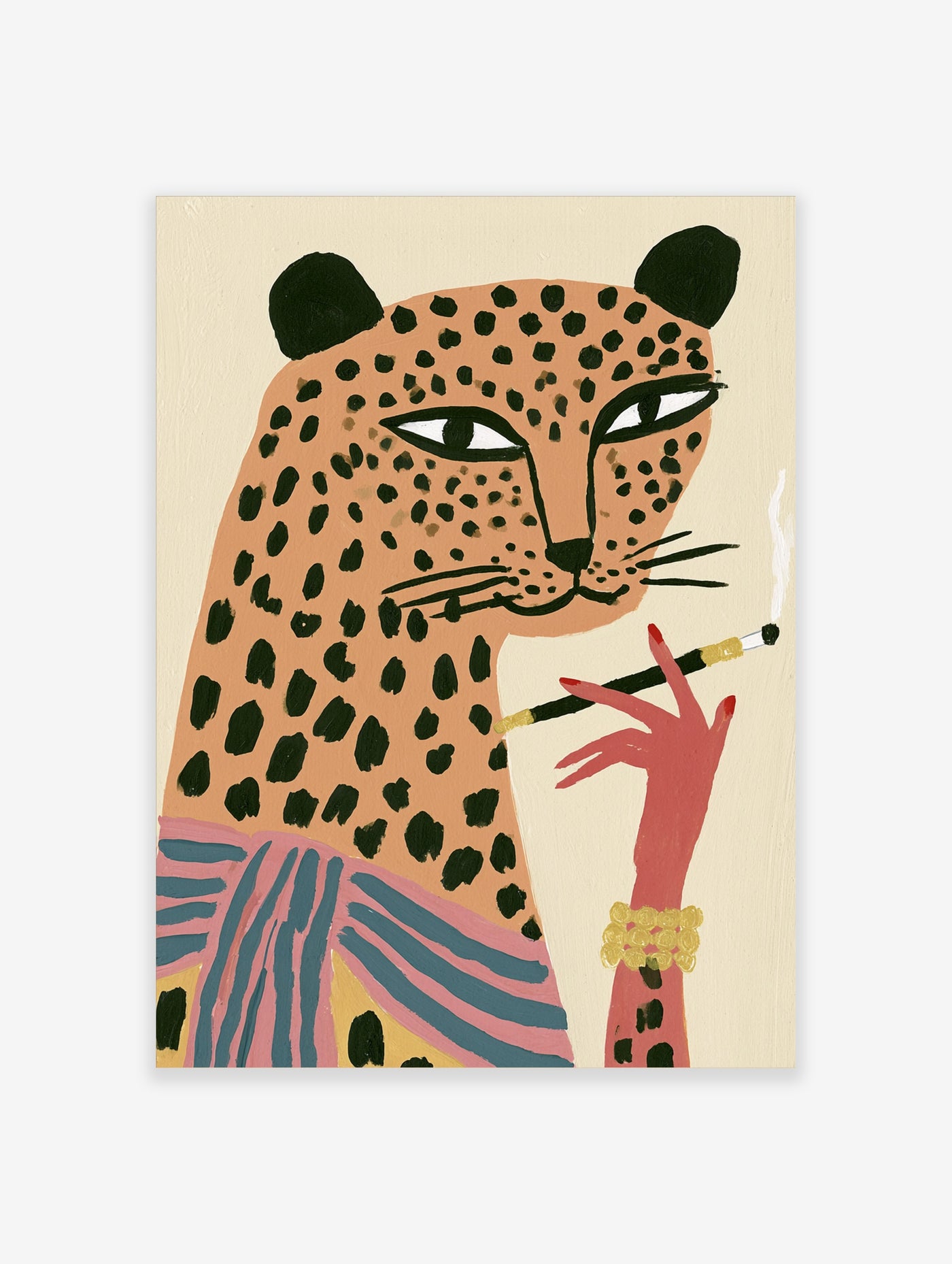 Stylised leopard with cigarette, pink hand with gold bracelet, striped wrap, beige background, animal art print