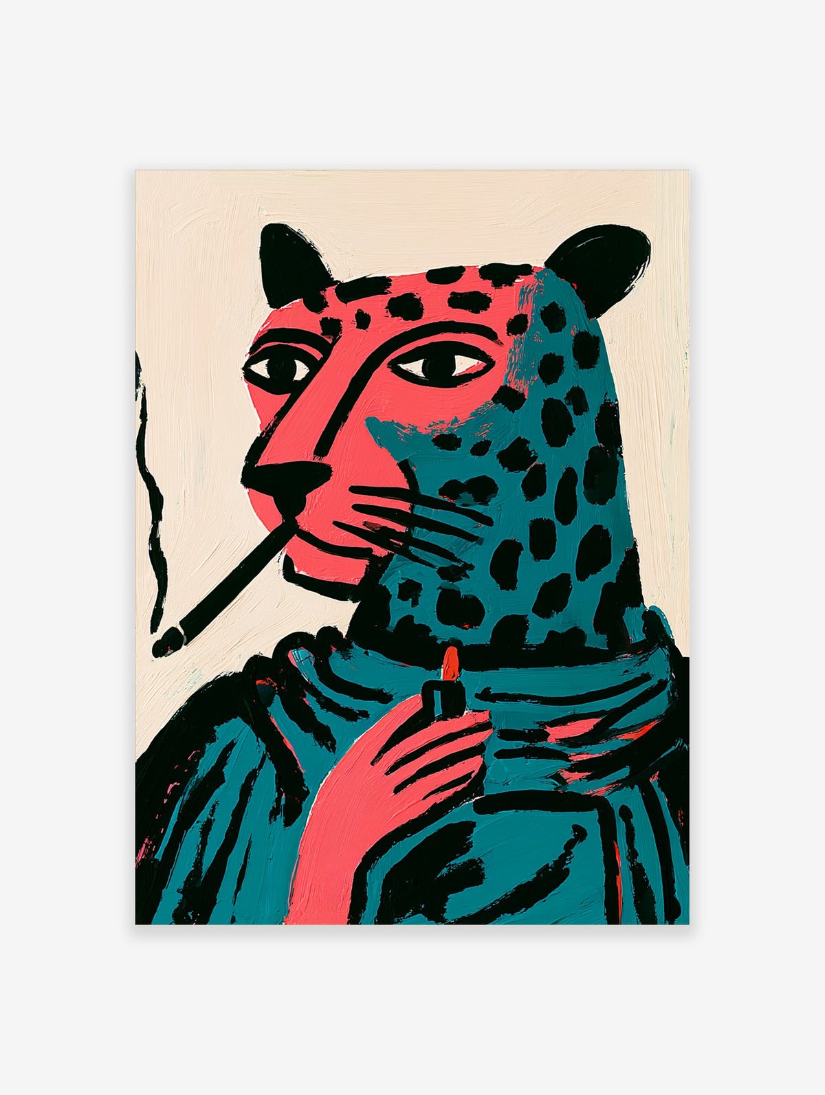 Leopard with pink and teal fur smoking and applying lipstick, illustrated wall art on cream background