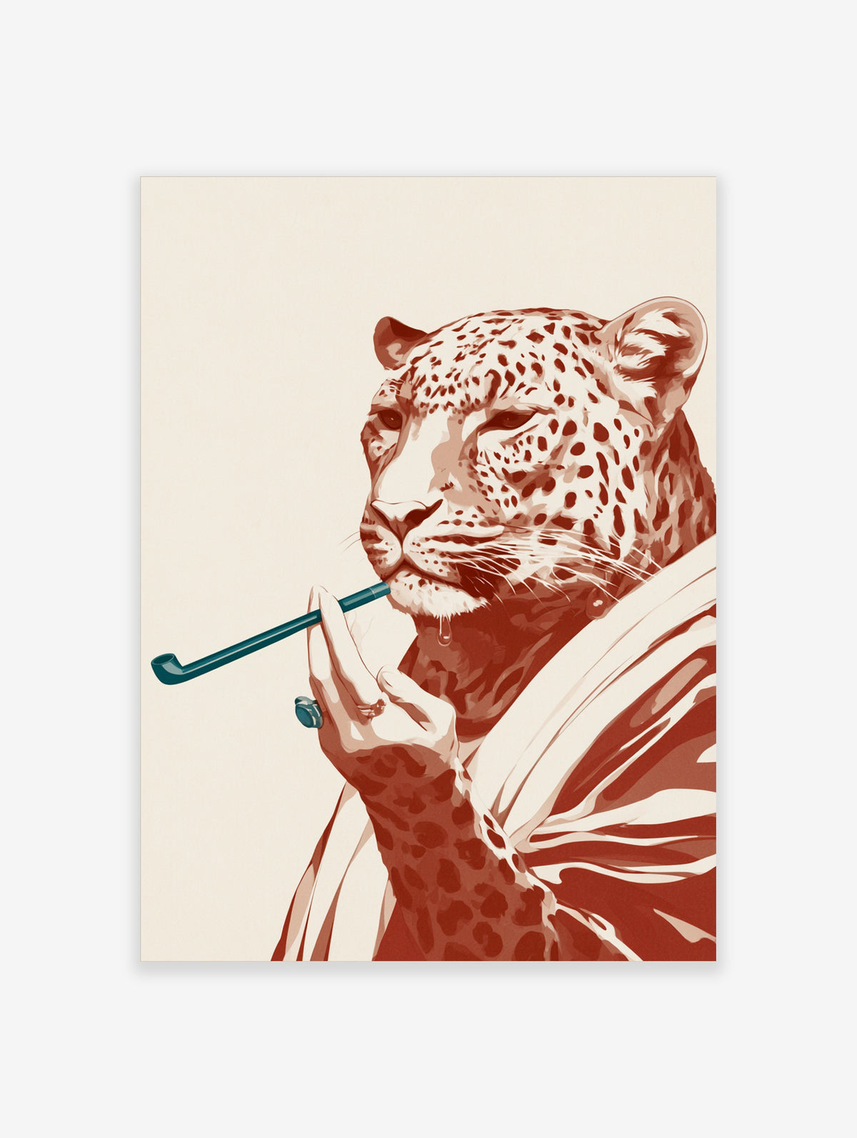 Leopard with pipe wall art, wearing white robe, teal pipe, red and cream palette, illustrative portrait