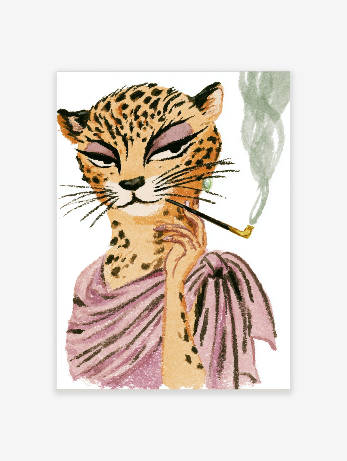 Leopard with pipe wall art, pink drape, smoking pipe, white background, animal illustration print