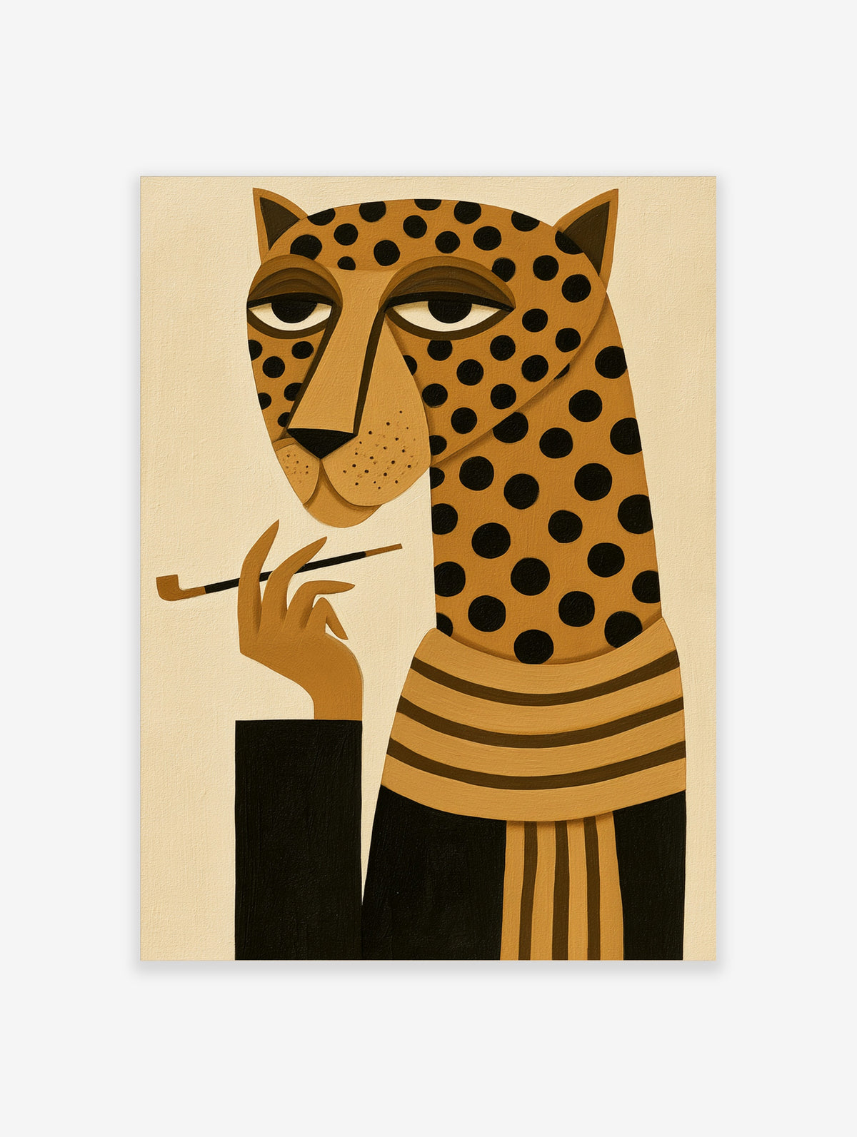 Leopard with pipe wall art, black spots, striped scarf, cigarette holder, beige background, geometric illustration
