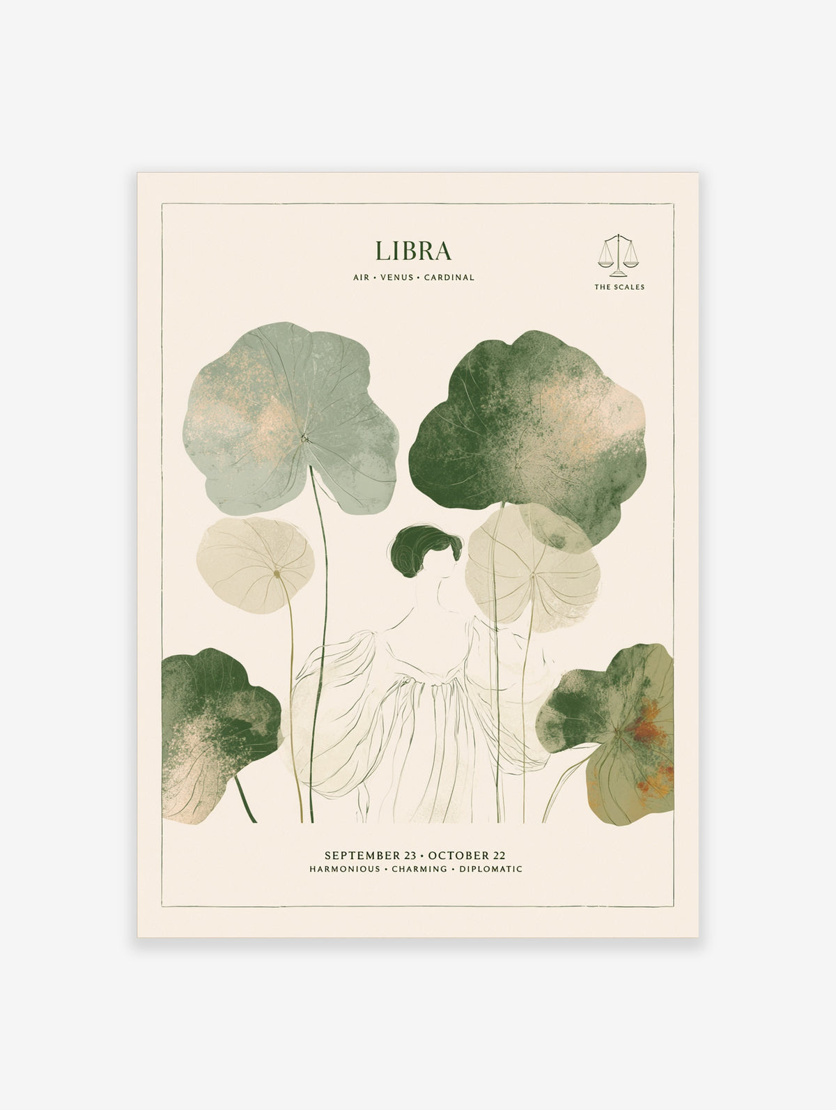 Libra zodiac poster with line-drawn woman and green lotus leaves, astrology text and scales symbol