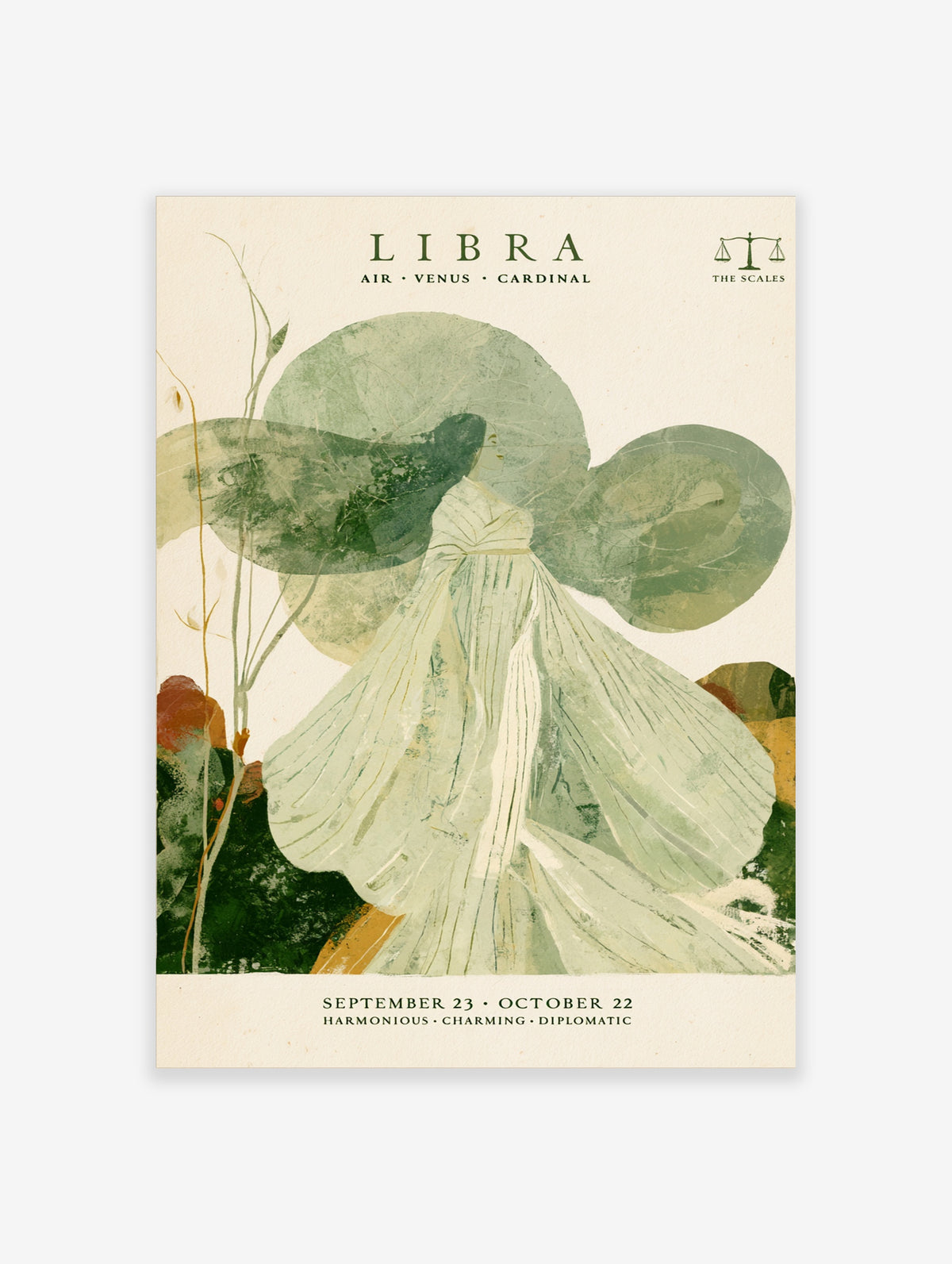 Libra zodiac poster with robed figure, green celestial circles, and astrology text