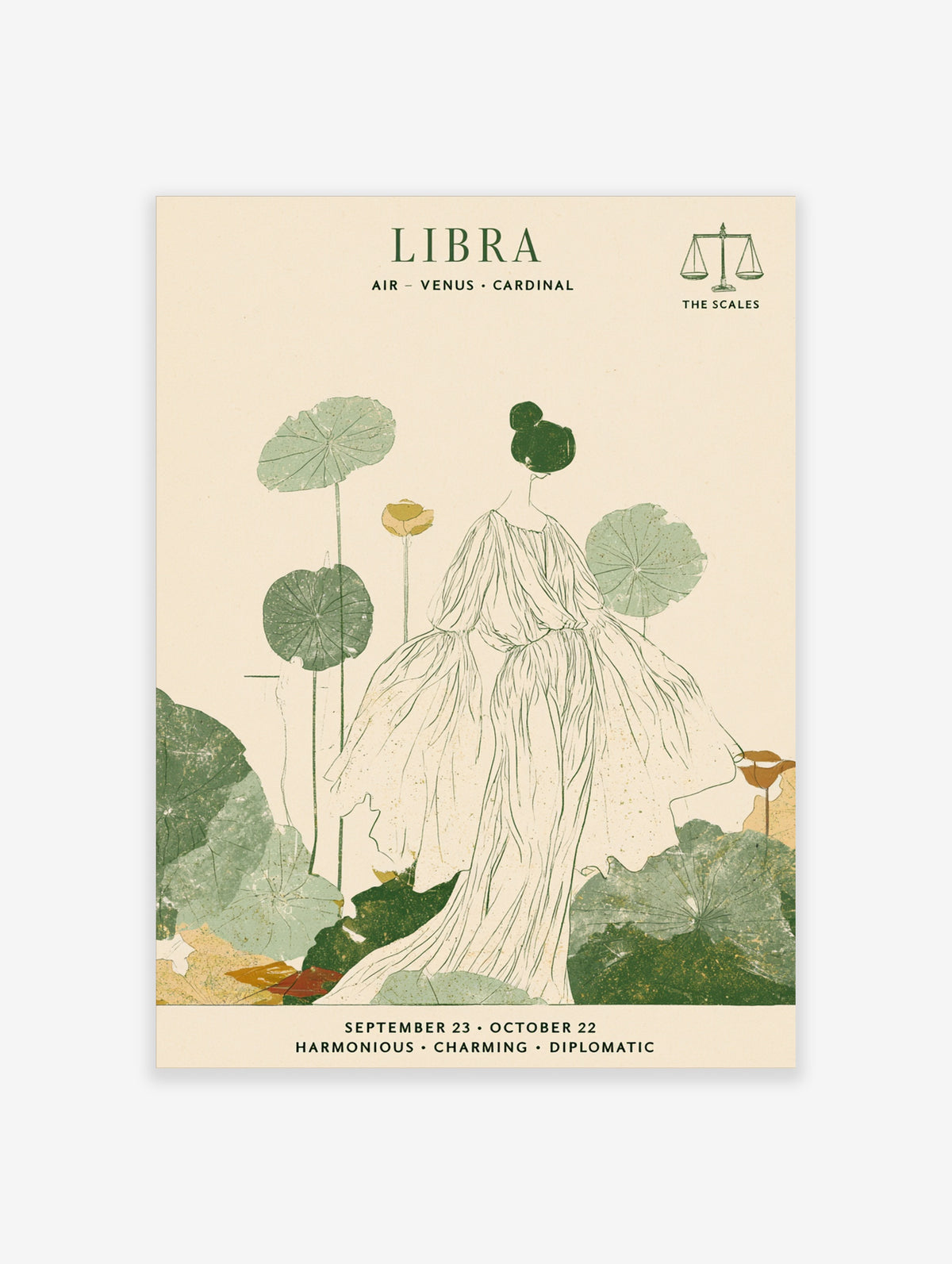 Libra zodiac poster with draped figure, lotus leaves, scales icon and green typography on beige background