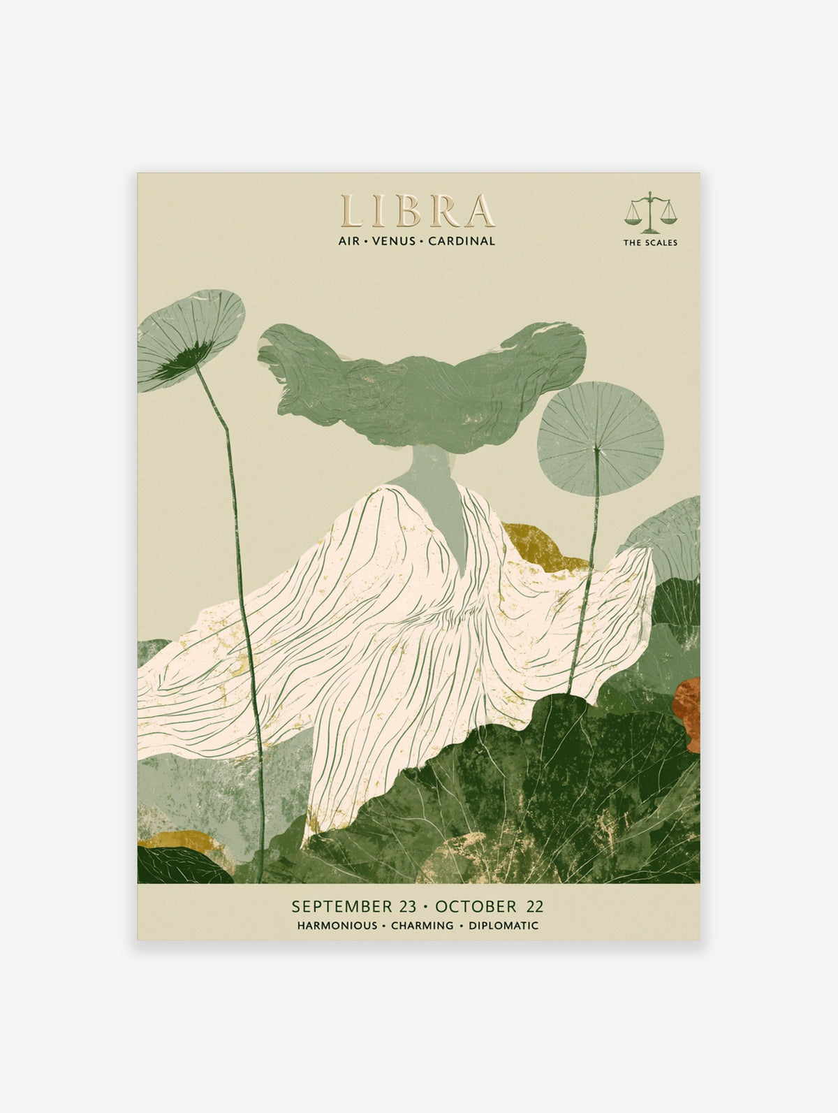 Libra zodiac poster with green lotus-headed figure, scales symbol and dates on cream background