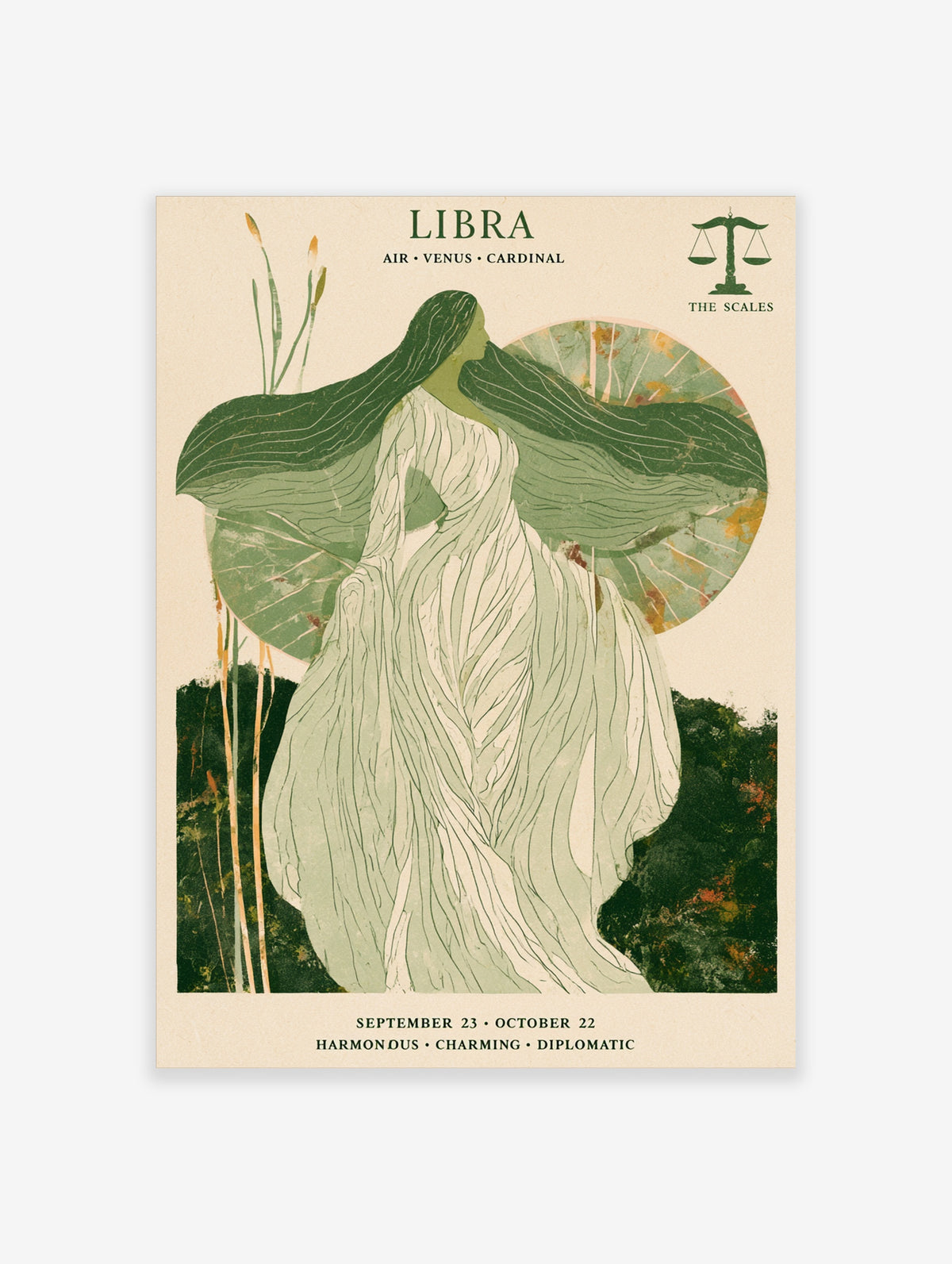 Libra zodiac poster with green-skinned woman, flowing hair, lily pad, scales symbol, and text Libra Air Venus Cardinal
