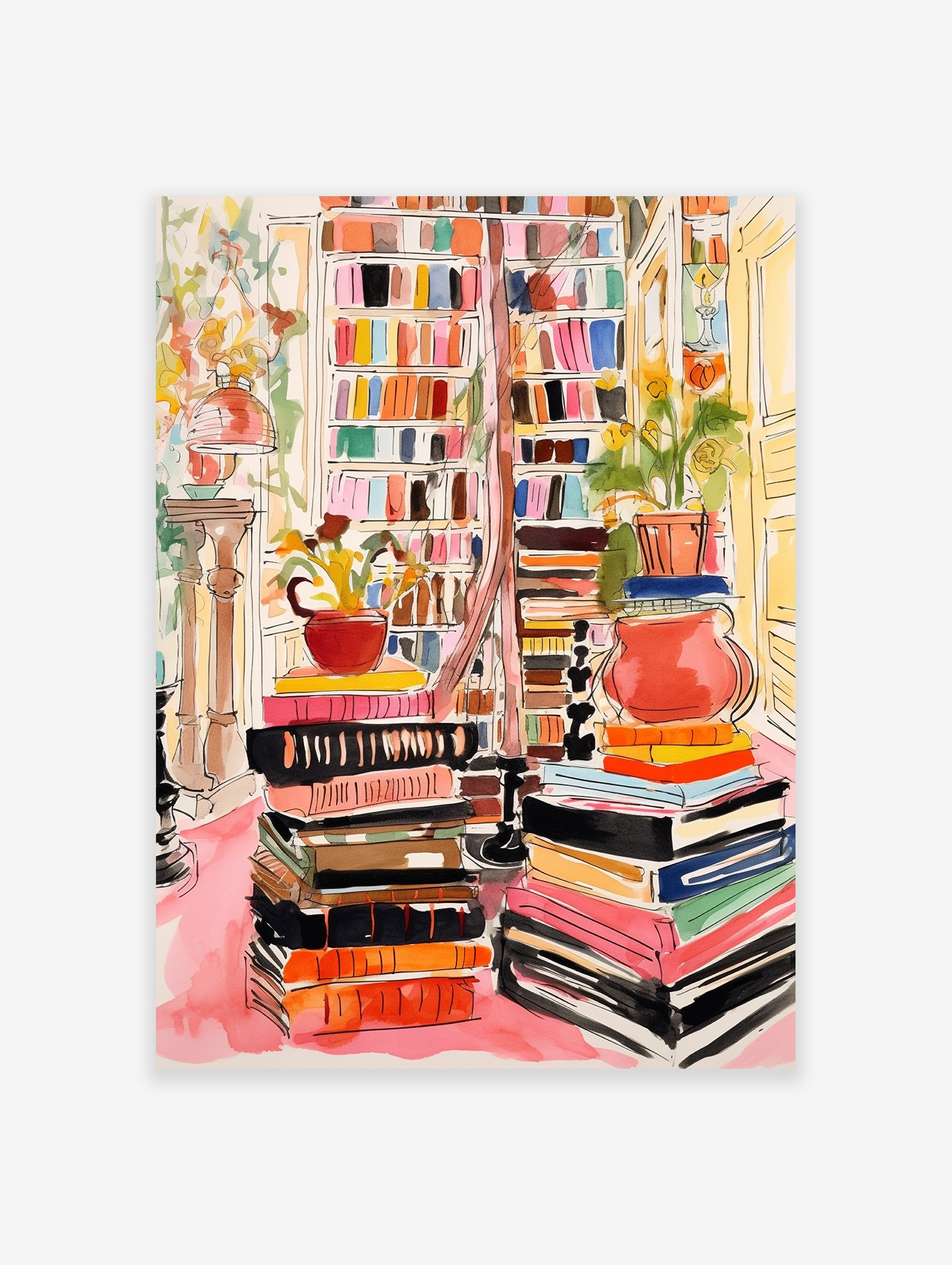 A vibrant watercolor library bookshelf poster with stacks of colorful books, potted plants, and a cozy interior scene.