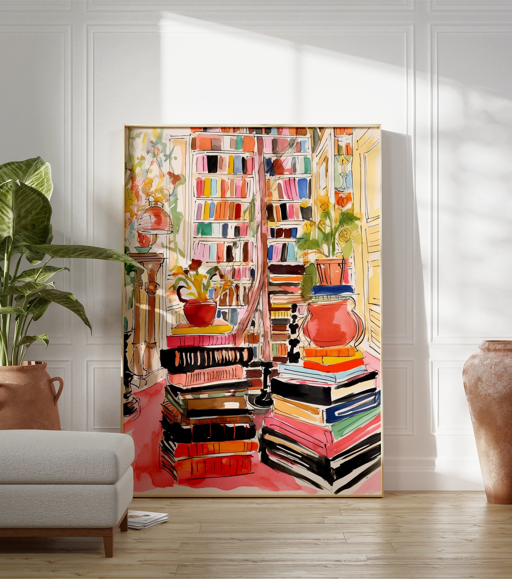 A vibrant watercolor library bookshelf poster with stacks of colorful books, potted plants, and a cozy interior scene. - Image 3