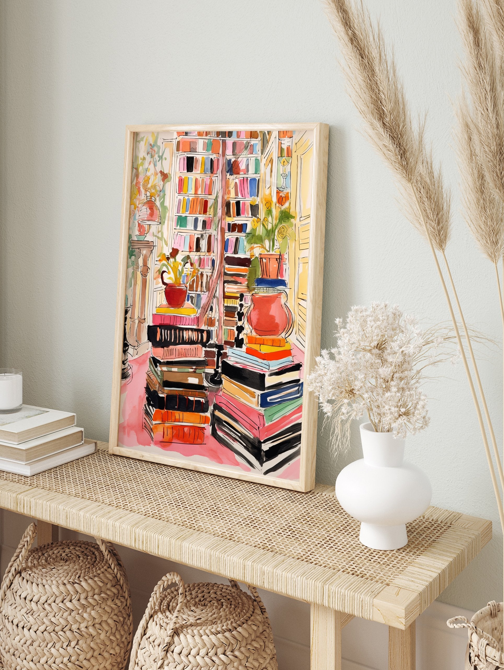 A vibrant watercolor library bookshelf poster with stacks of colorful books, potted plants, and a cozy interior scene. - Image 4