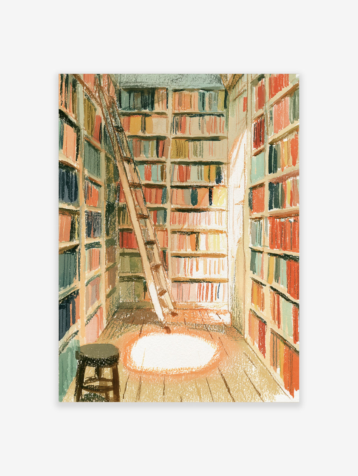 Illustrated library interior with tall bookshelves, wooden ladder, and stool in a sunlit reading nook