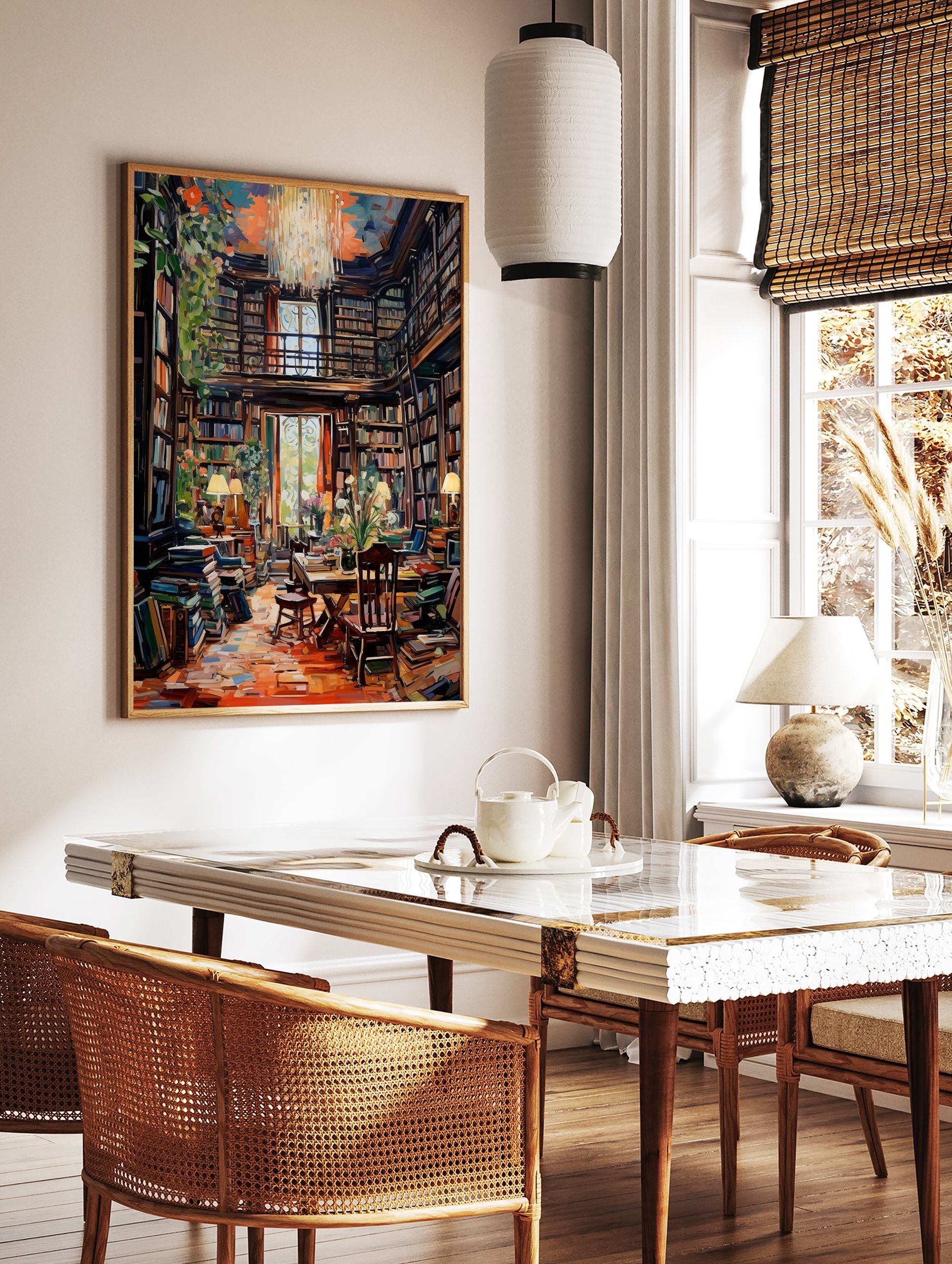 Vibrant library poster showing a grand room filled with bookshelves, a reading table, chairs, and warm lighting. - Image 2