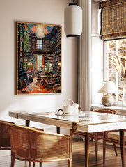 Vibrant library poster showing a grand room filled with bookshelves, a reading table, chairs, and warm lighting. - Image 2