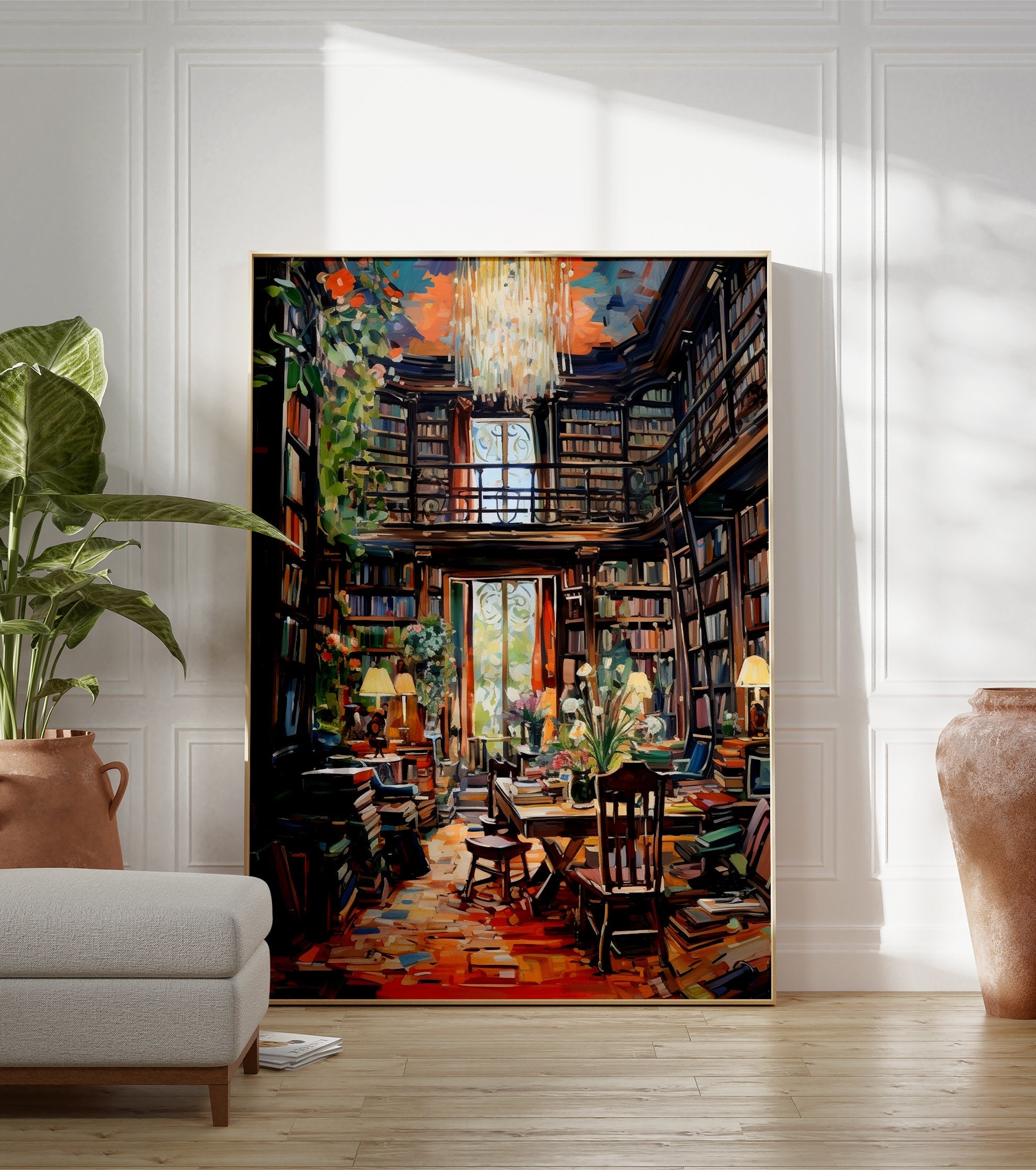 Vibrant library poster showing a grand room filled with bookshelves, a reading table, chairs, and warm lighting. - Image 3