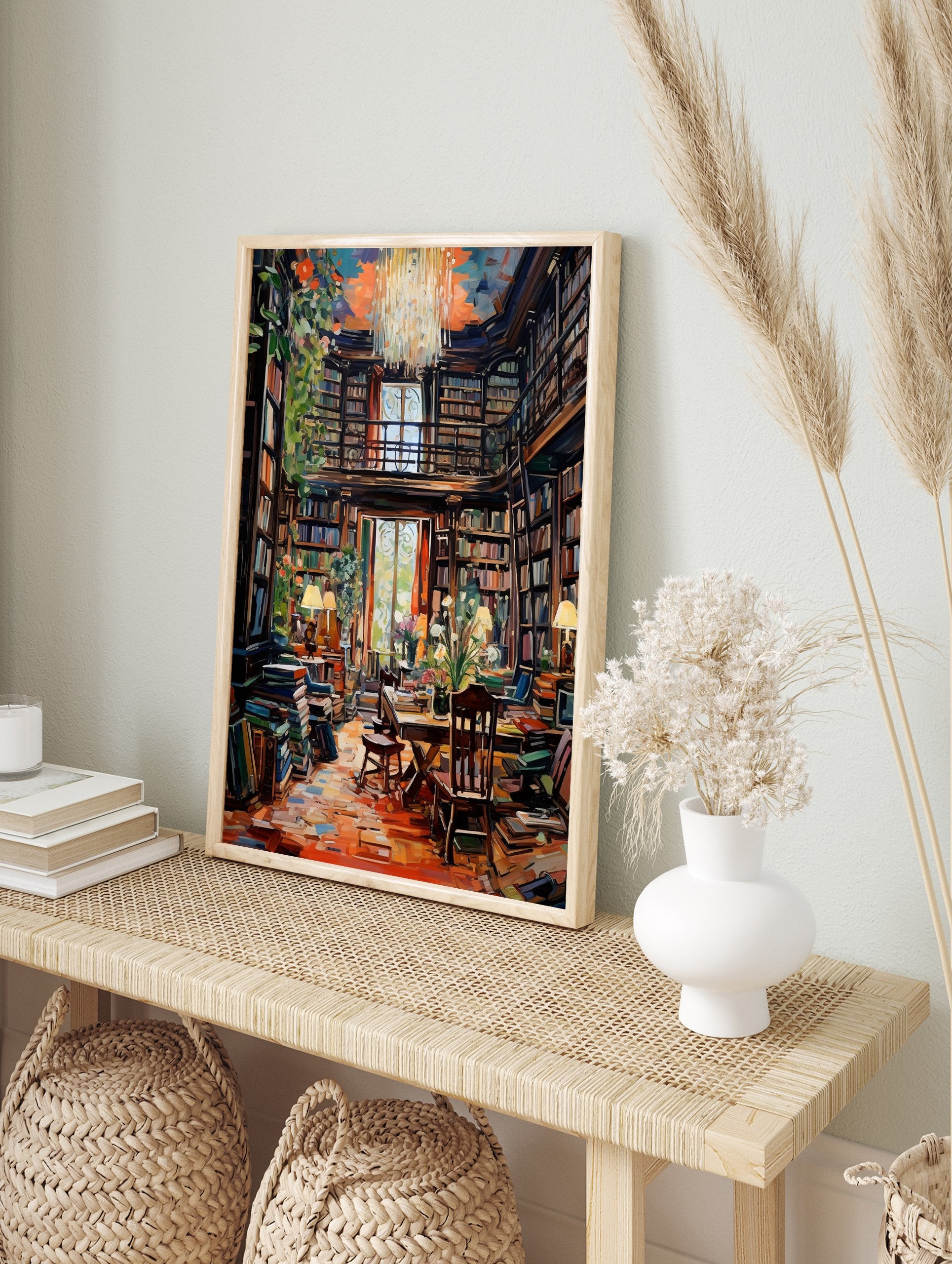 Vibrant library poster showing a grand room filled with bookshelves, a reading table, chairs, and warm lighting. - Image 4