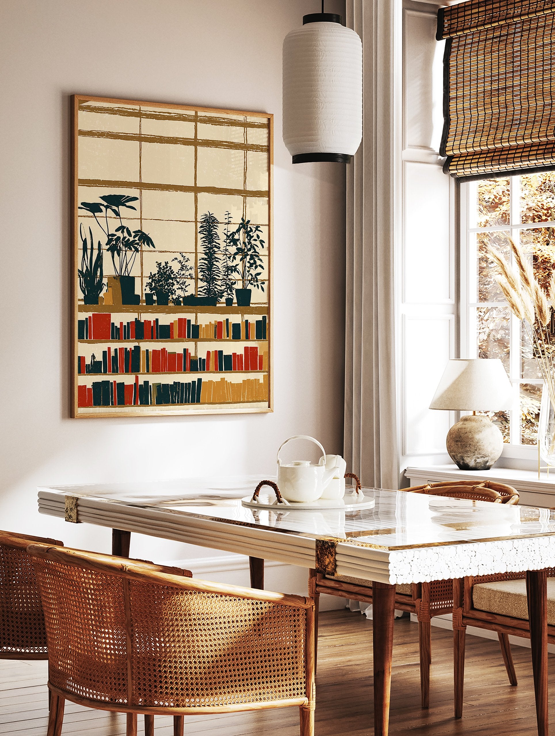 Illustrative library wall art print with potted plants, books, and window grid in earth tones. - Image 2