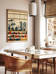 Illustrative library wall art print with potted plants, books, and window grid in earth tones. - Image 2