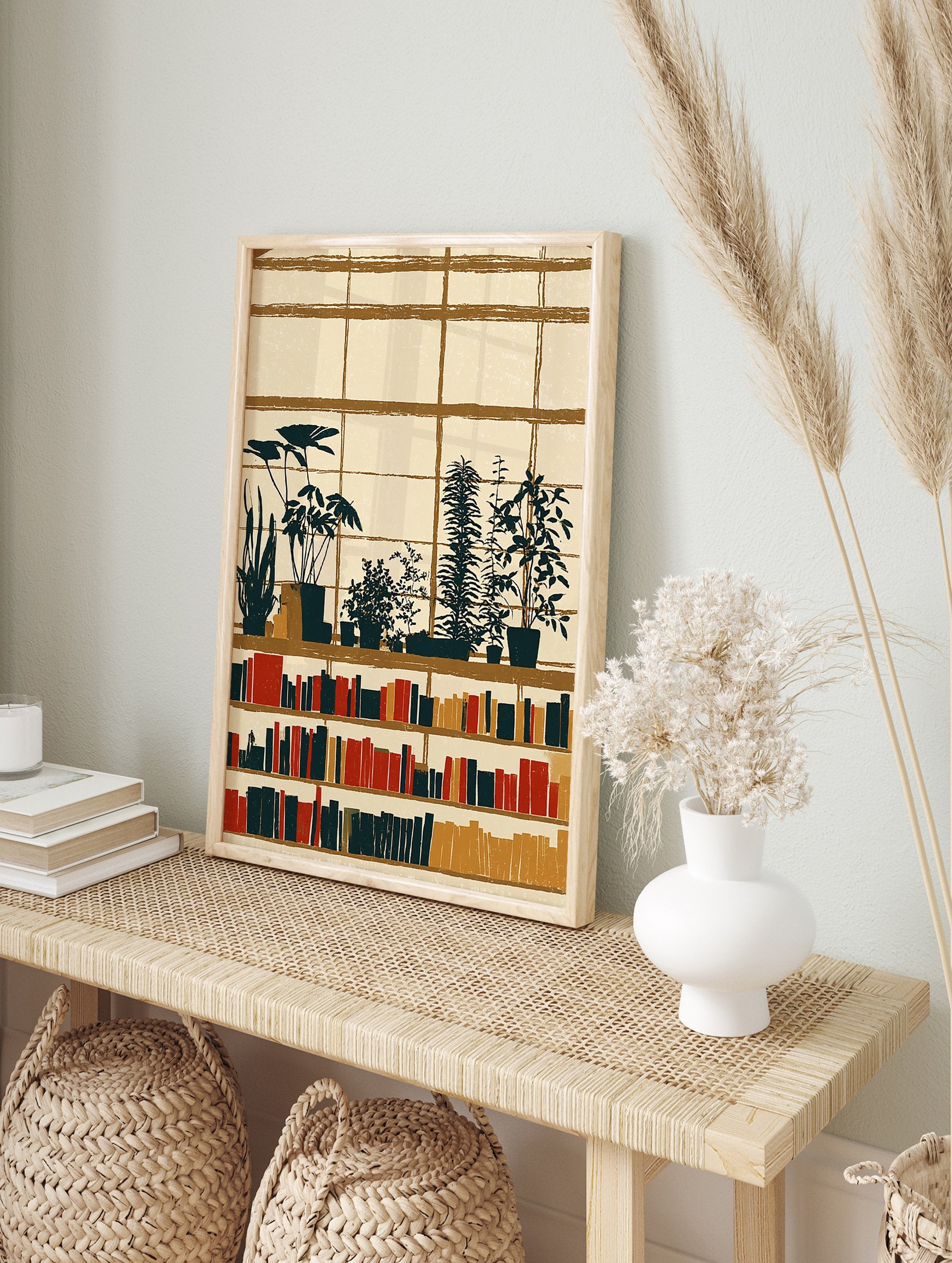 Illustrative library wall art print with potted plants, books, and window grid in earth tones. - Image 3
