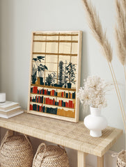 Illustrative library wall art print with potted plants, books, and window grid in earth tones. - Image 3