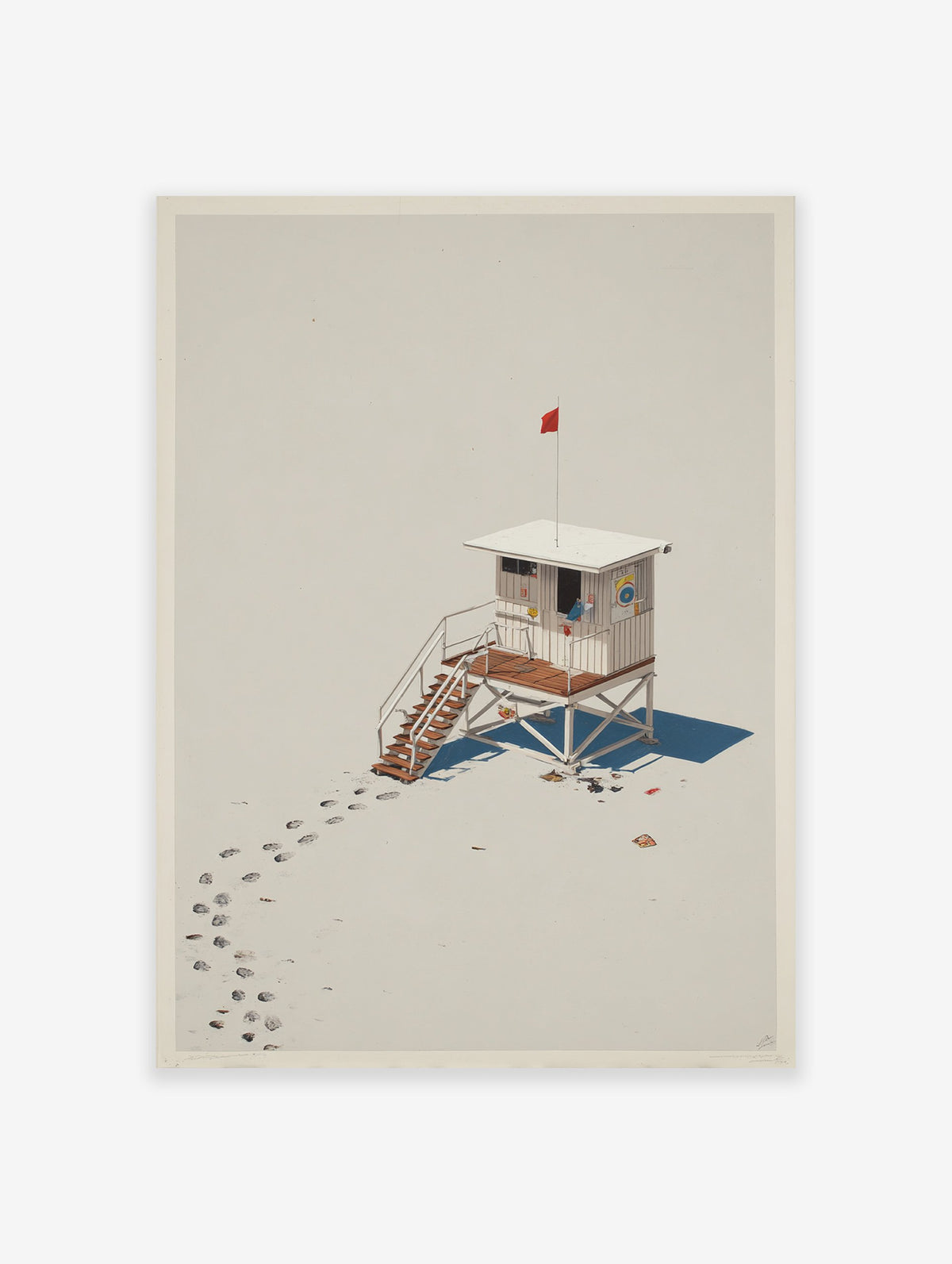 Lifeguard Hut Poster featuring a white hut with a red flag on a beige beach with footprints and shadows.