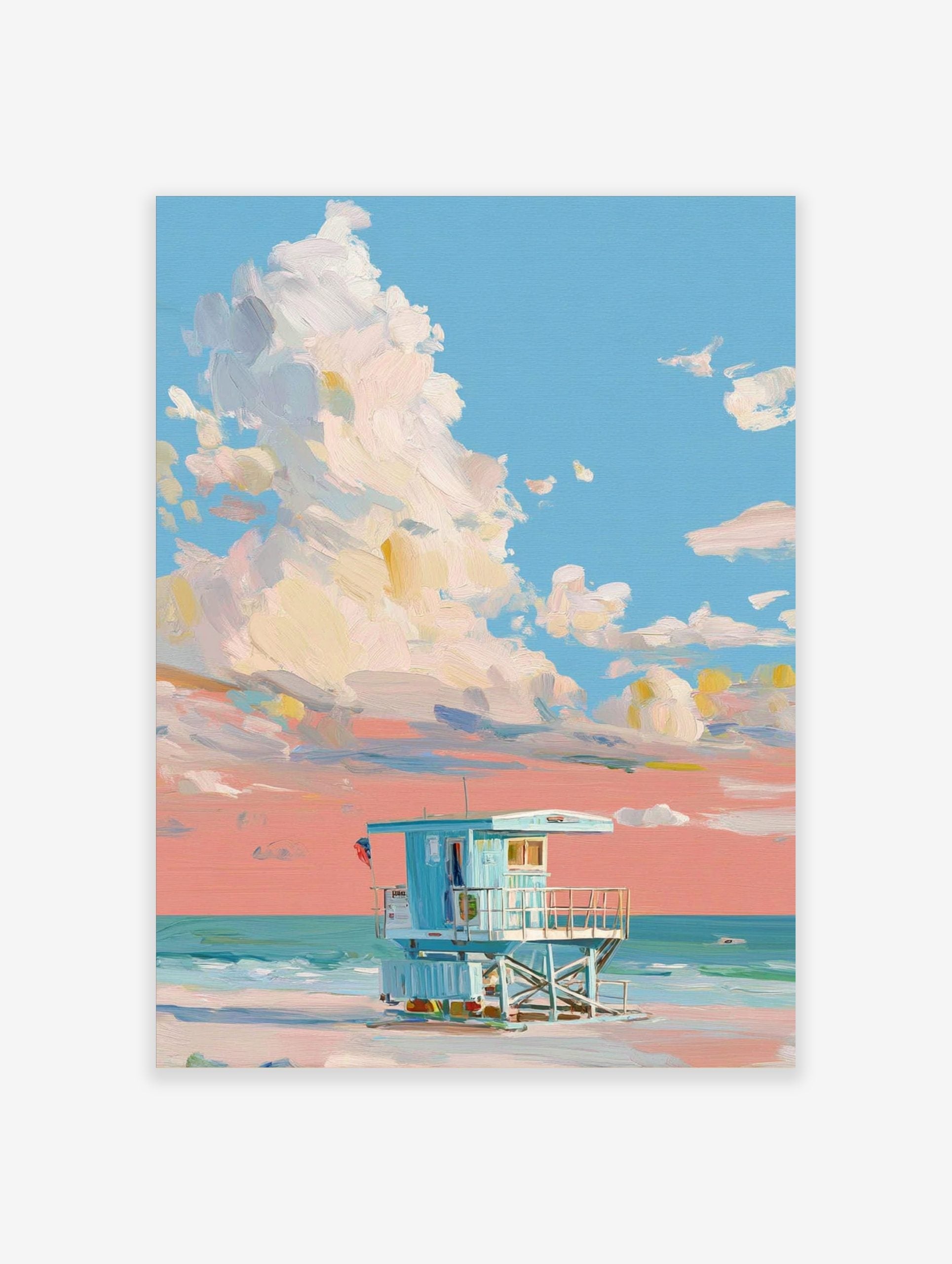 Painterly art print of a light blue lifeguard hut on a beach under a sky with large white and peach clouds