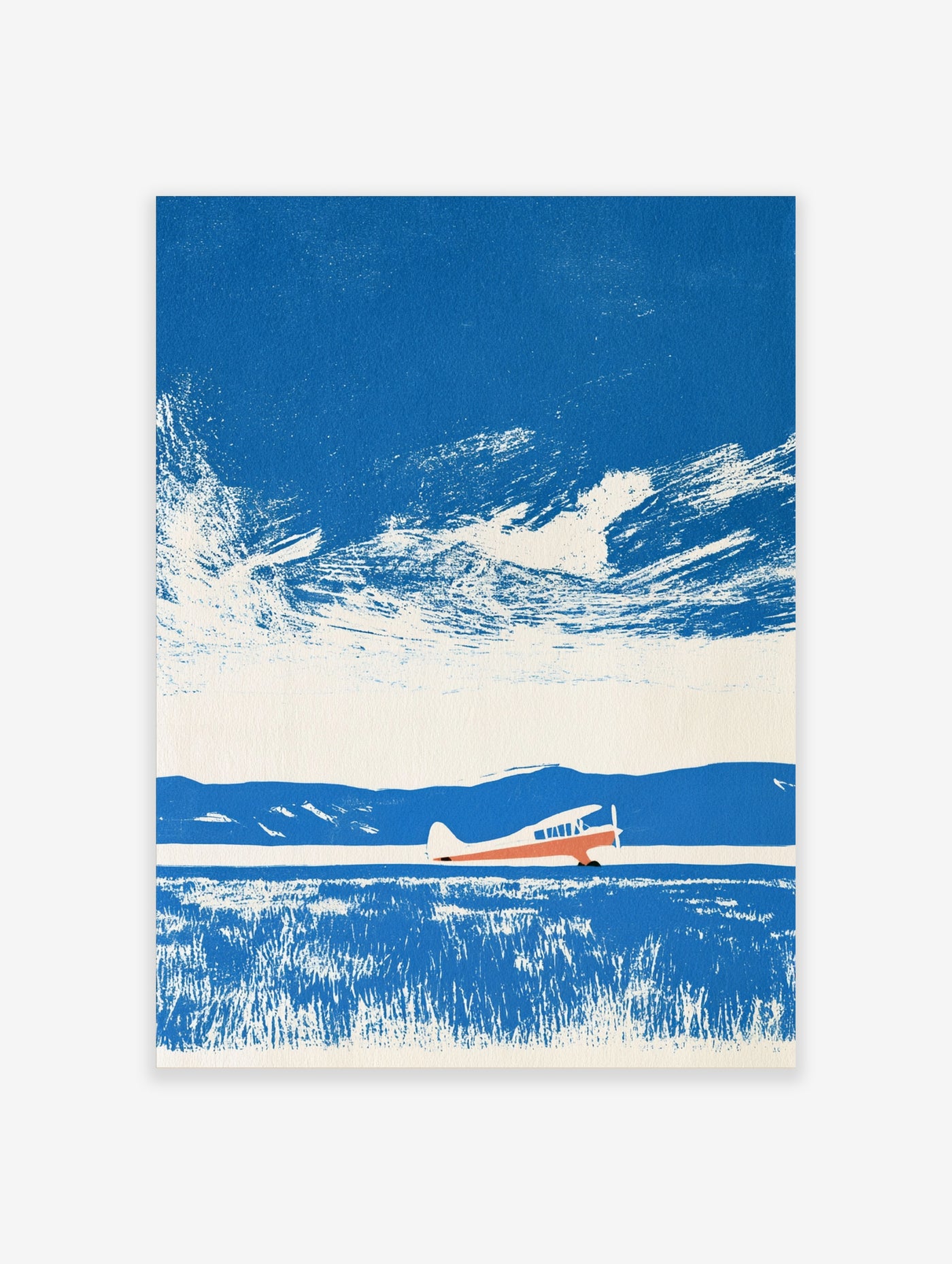 Aviation wall art print featuring a light aircraft illustration against a blue landscape and textured sky background
