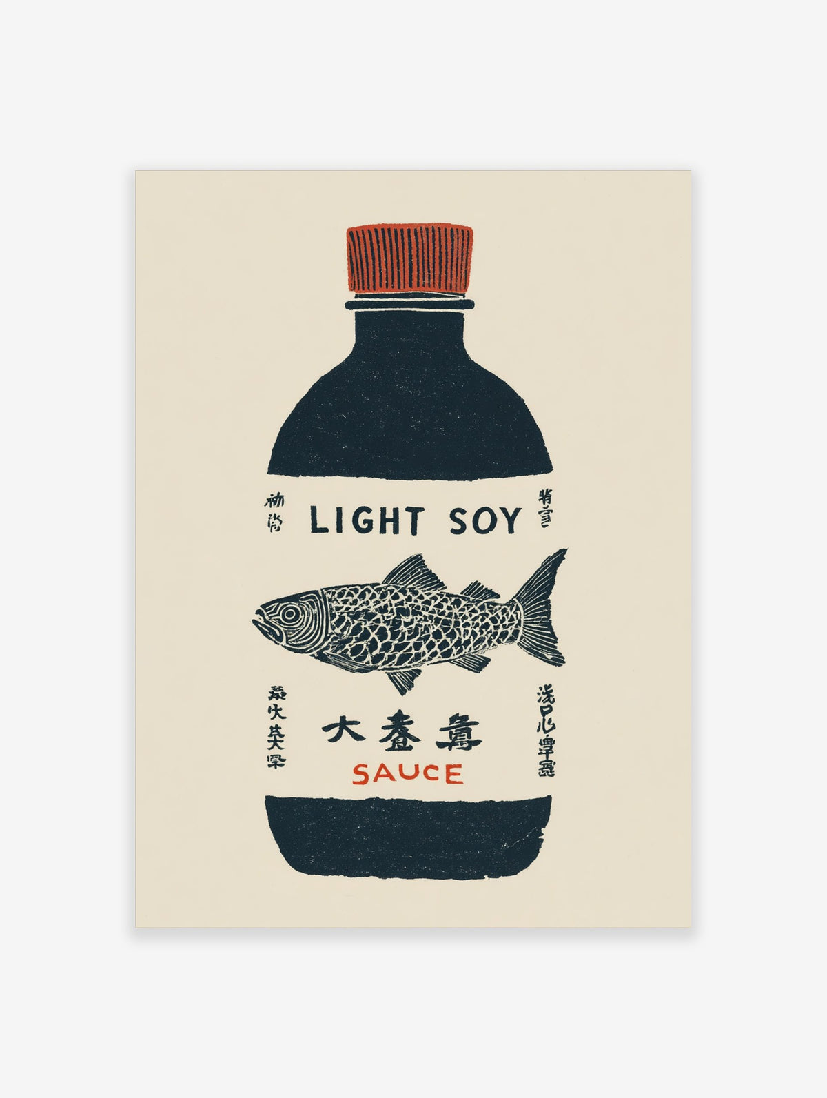 Illustrative print of a dark blue soy sauce bottle with a red cap and detailed fish on a beige background