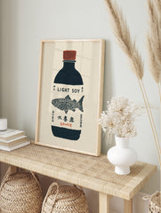 Illustrative print of a dark blue soy sauce bottle with a red cap and detailed fish on a, in an alternate framed mockup