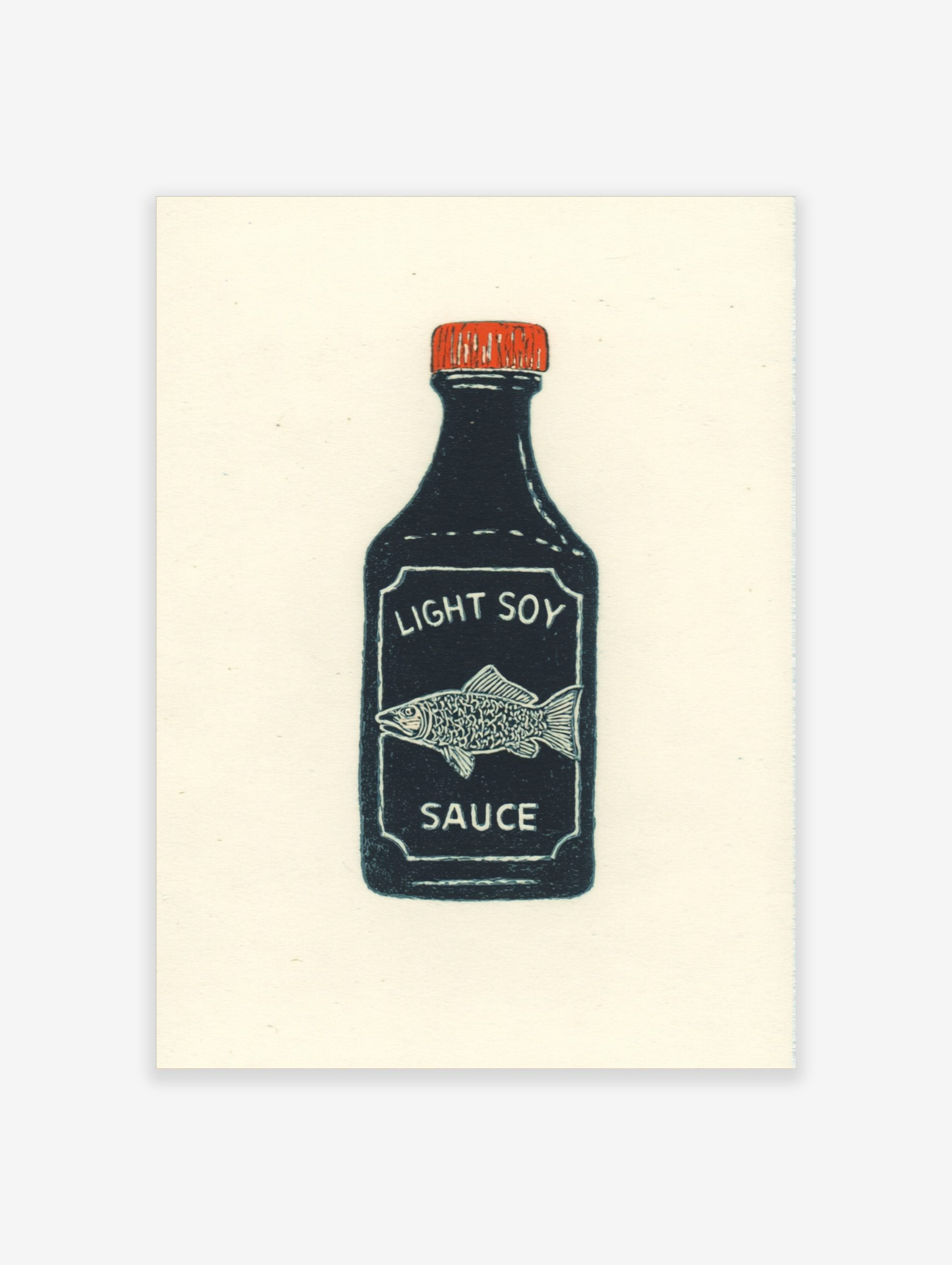 Illustrative print of a dark blue soy sauce bottle with a red cap, white 'LIGHT SOY SAUCE' text, and a fish