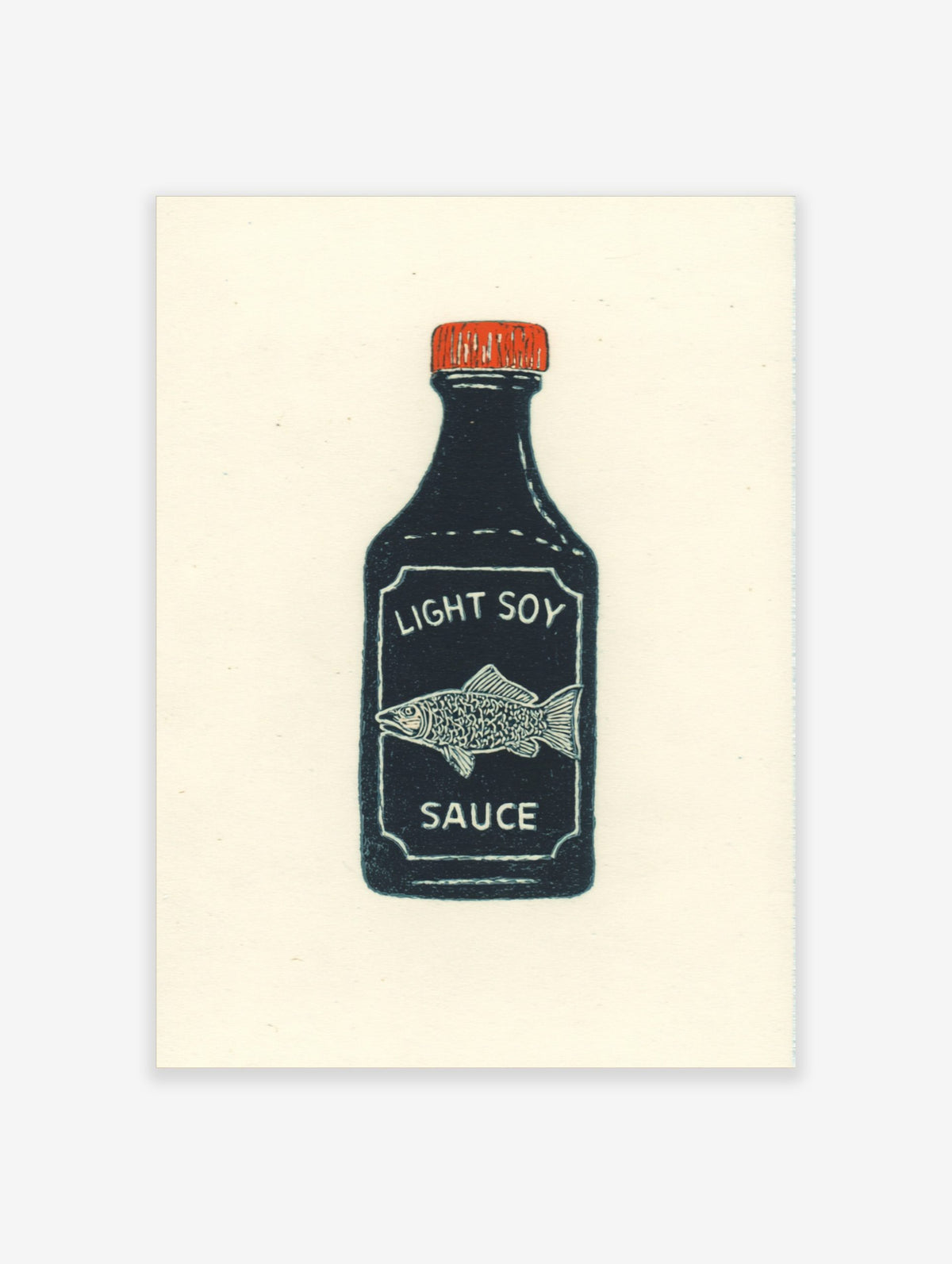 Illustrative print of a dark blue soy sauce bottle with a red cap, white 'LIGHT SOY SAUCE' text, and a fish
