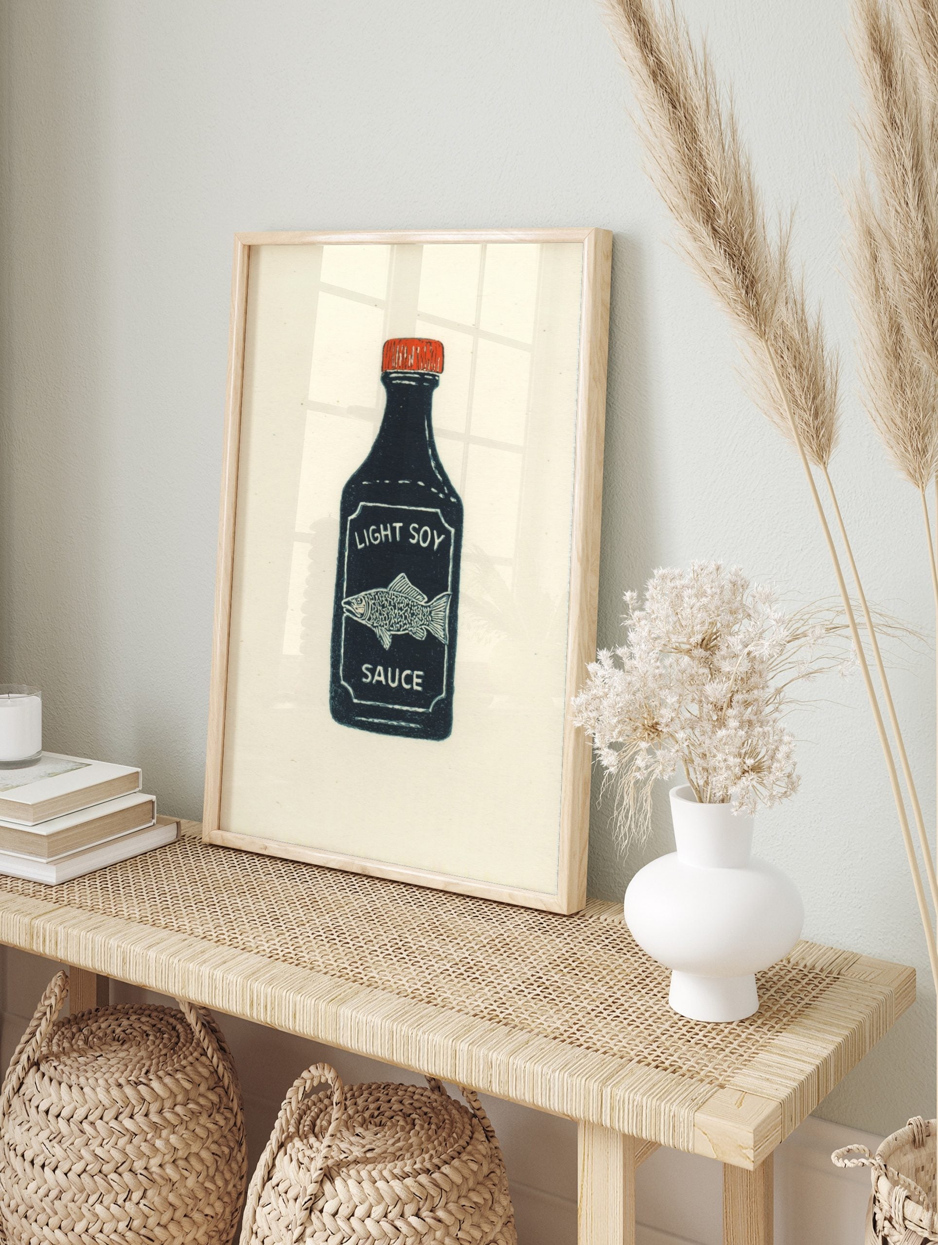 Illustrative print of a dark blue soy sauce bottle with a red cap, white 'LIGHT SOY SAUCE', in an alternate framed mockup