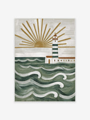 Illustrative lighthouse wall art with green and white stripes, golden sunrays, and textured green waves