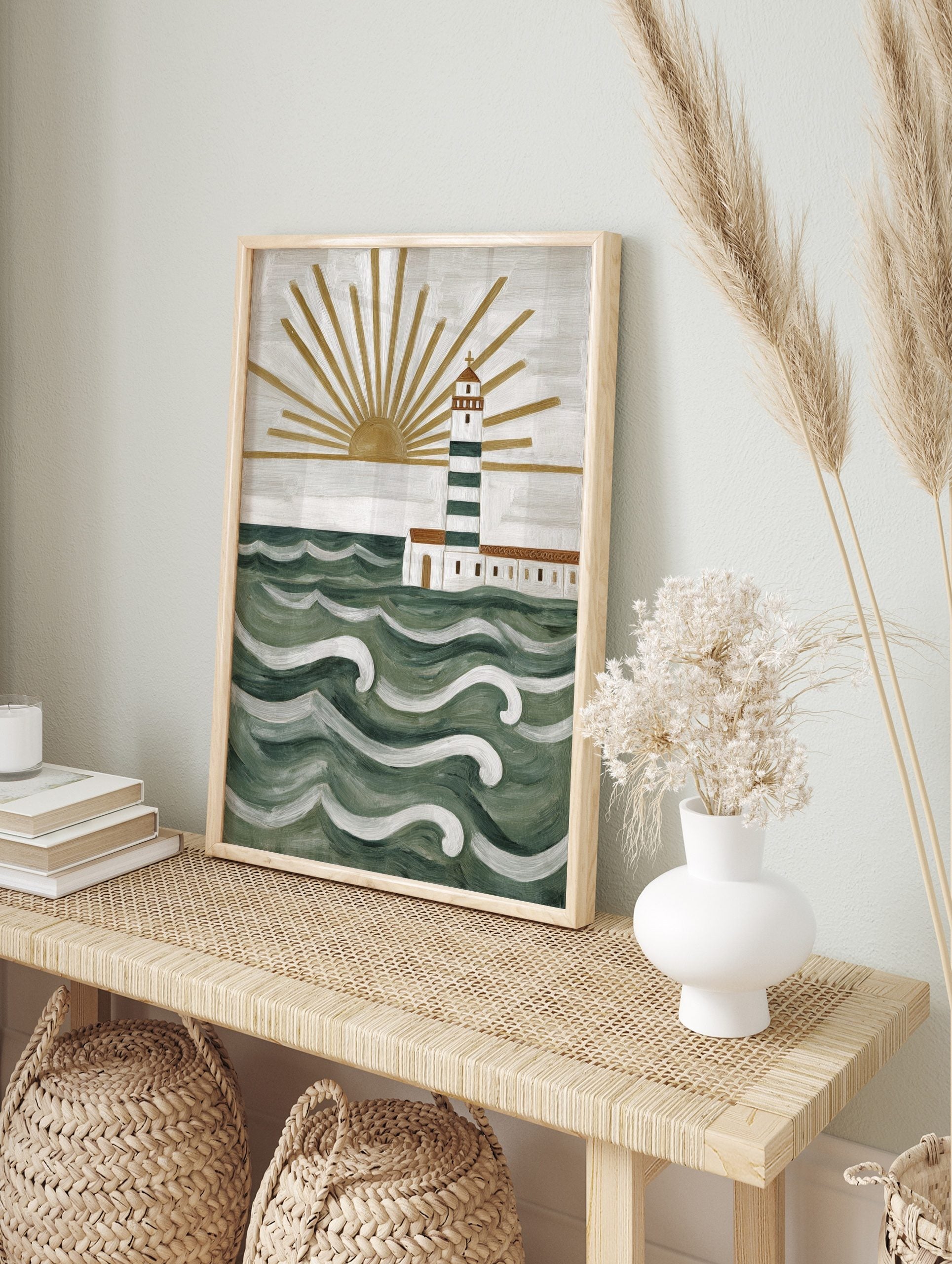 Illustrative lighthouse wall art with green and white stripes, golden sunrays, and textured, in an alternate framed mockup