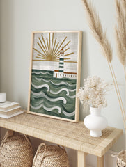 Illustrative lighthouse wall art with green and white stripes, golden sunrays, and textured, in an alternate framed mockup