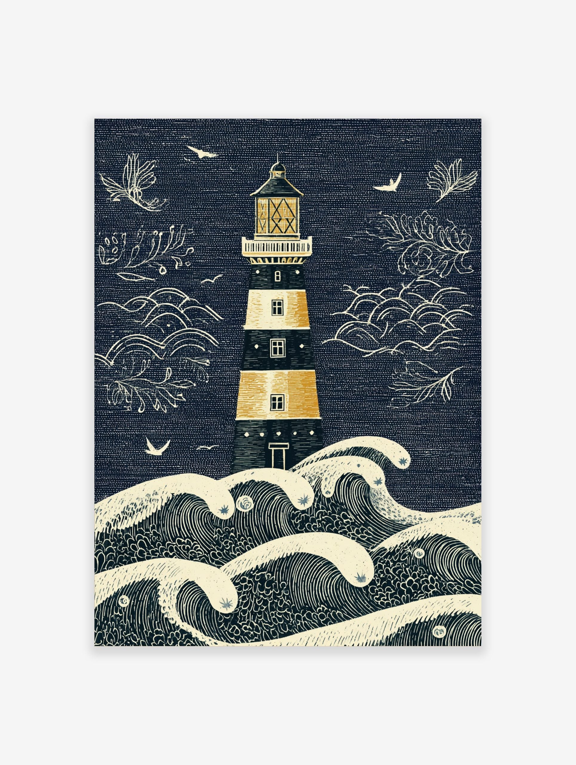 Illustrative lighthouse and crashing waves art print in navy blue, golden yellow, and beige with seagulls