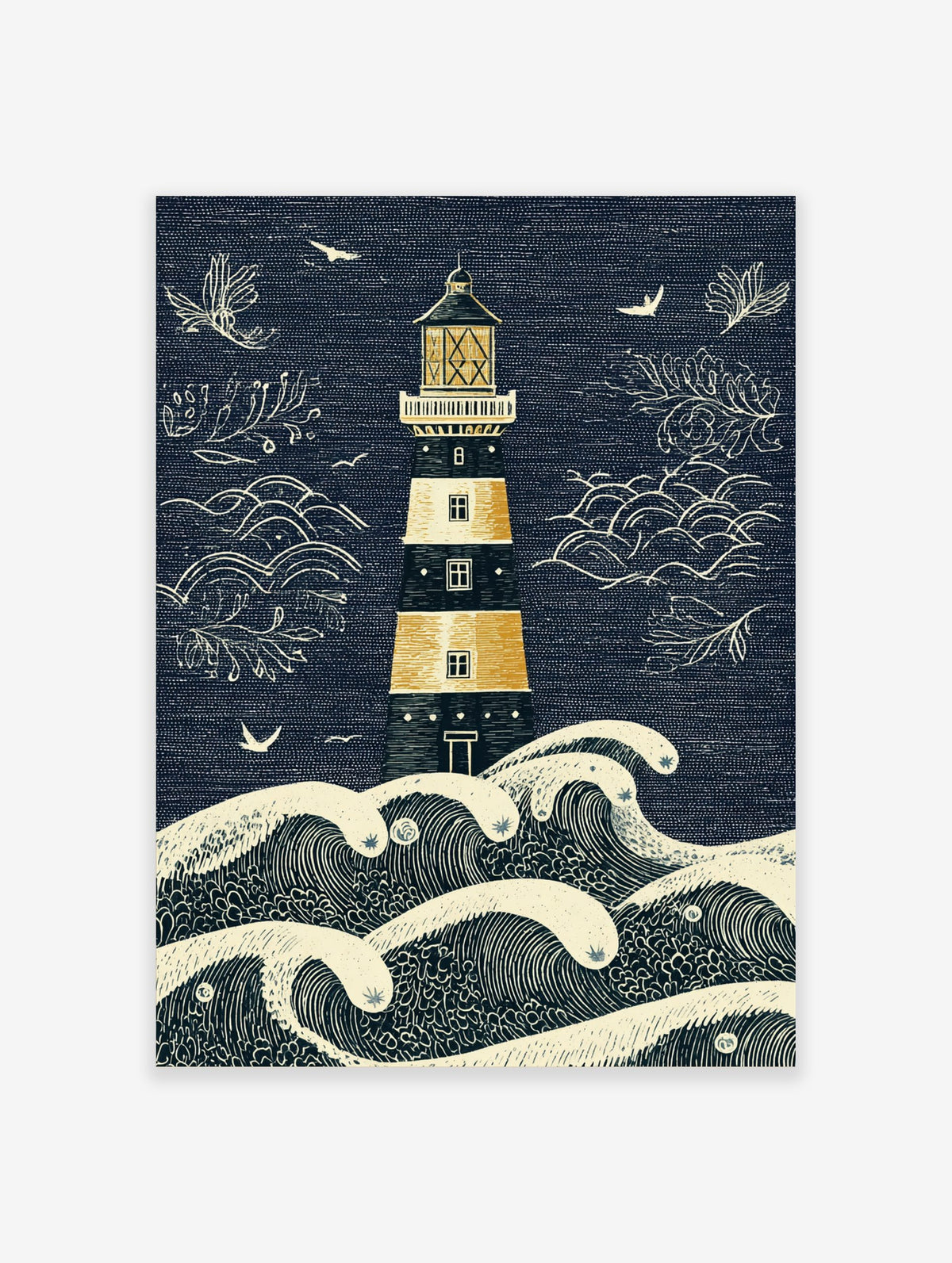Illustrative lighthouse and crashing waves art print in navy blue, golden yellow, and beige with seagulls