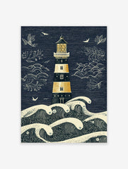 Illustrative lighthouse and crashing waves art print in navy blue, golden yellow, and beige with seagulls