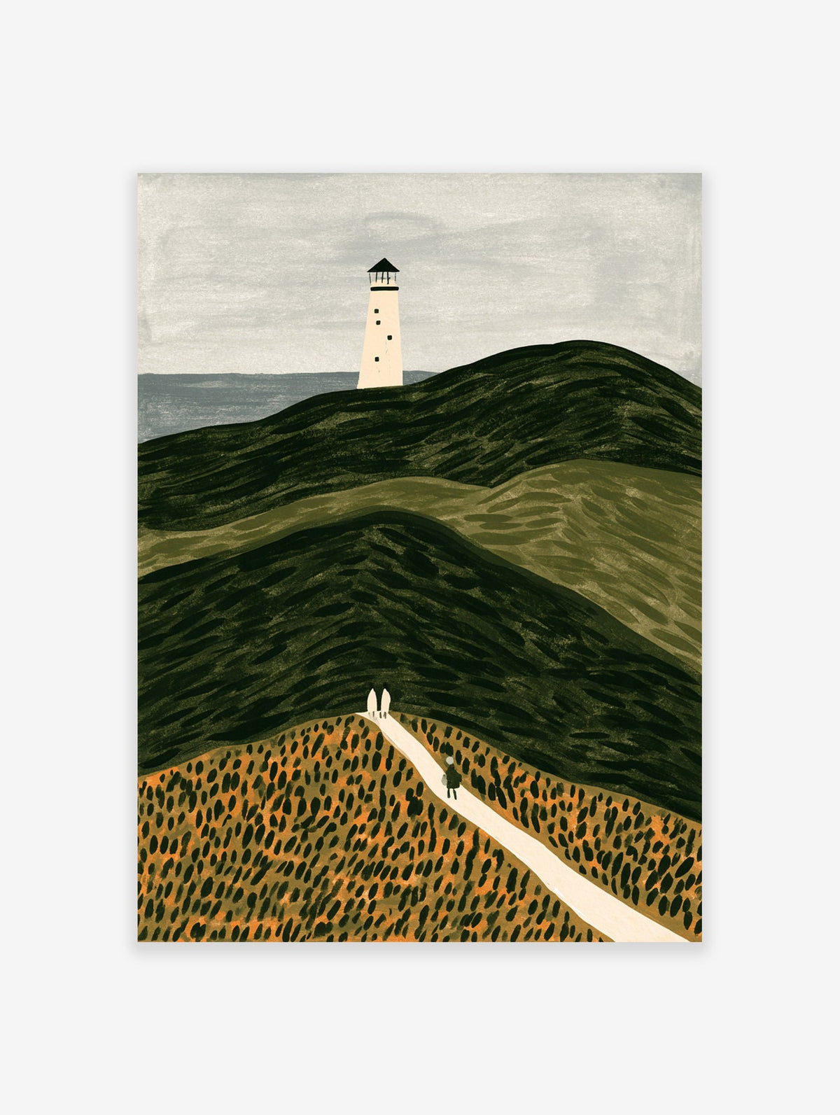 Illustrative landscape art print of a white lighthouse on a dark green hill with a path under a grey sky