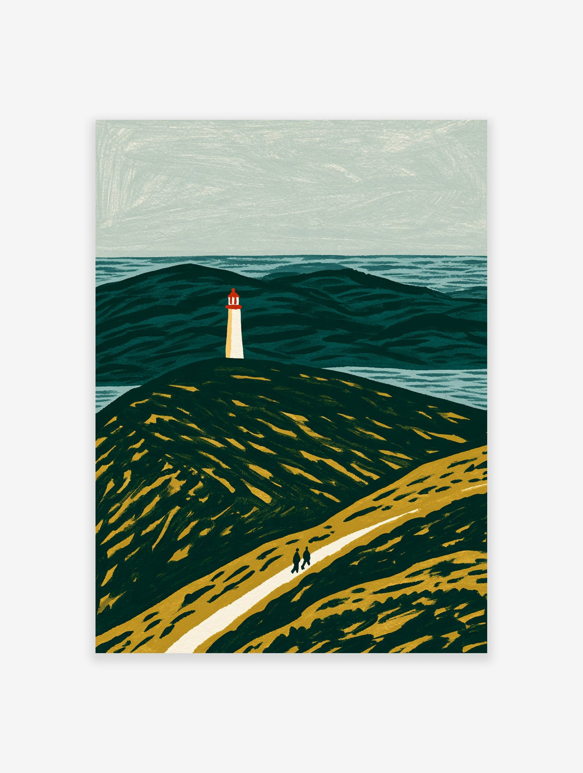 Lighthouse landscape print with two figures on a path, featuring dark green hills and a red-topped lighthouse in the