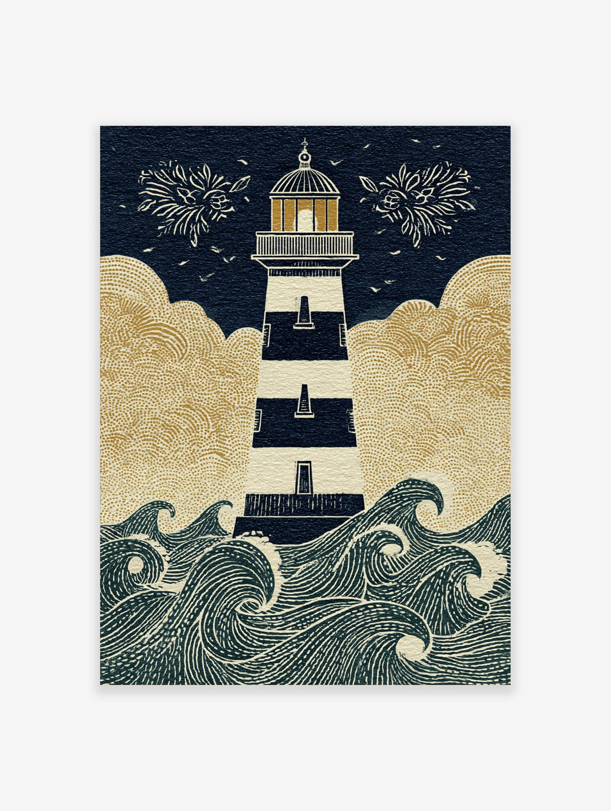 Illustrative lighthouse wall art with navy and white stripes, golden clouds, and crashing waves