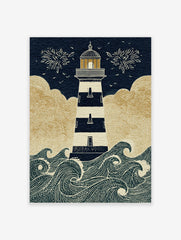 Illustrative lighthouse wall art with navy and white stripes, golden clouds, and crashing waves