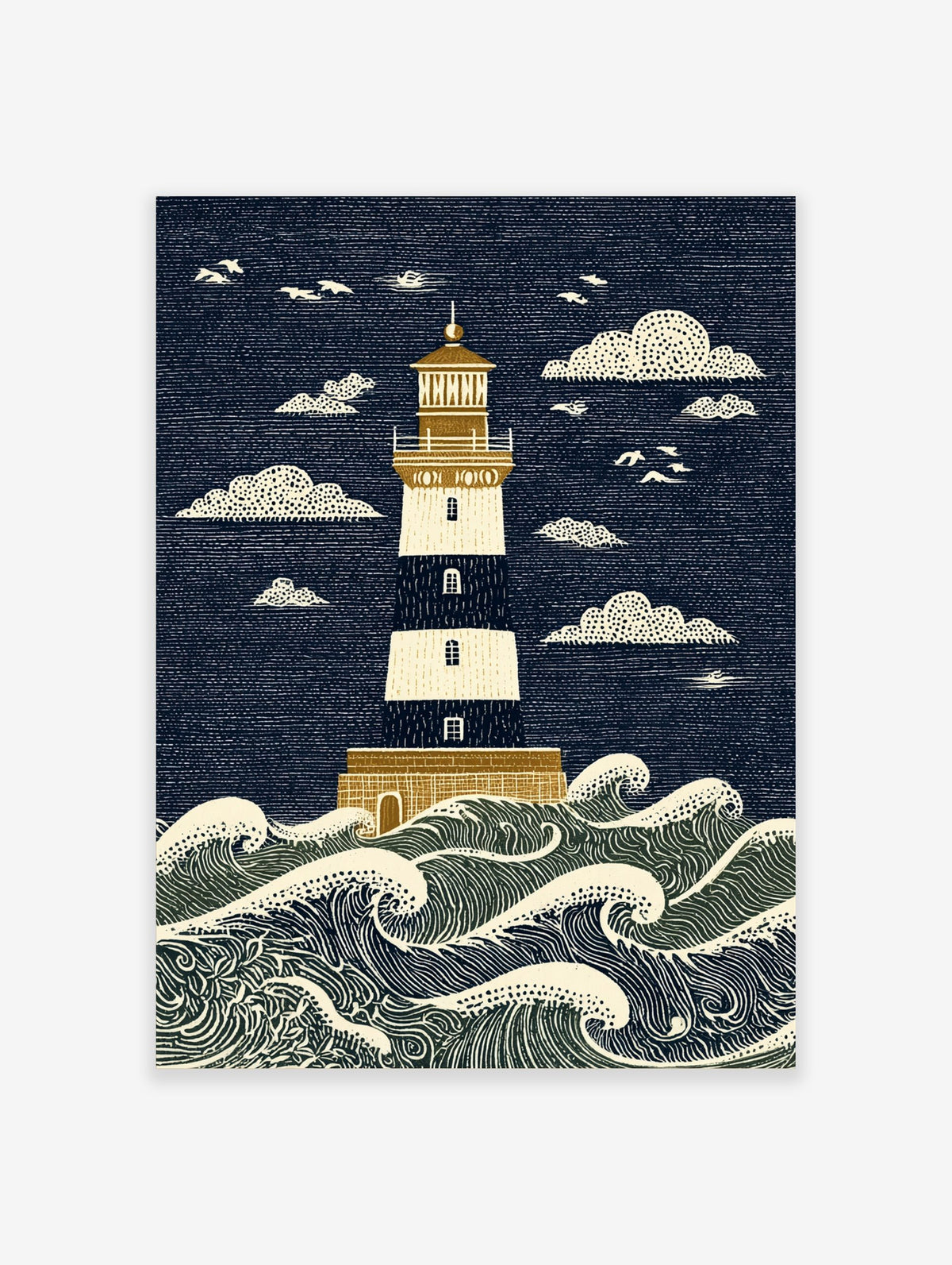 Illustrative lighthouse art print with navy and cream stripes, golden details, and crashing ocean waves