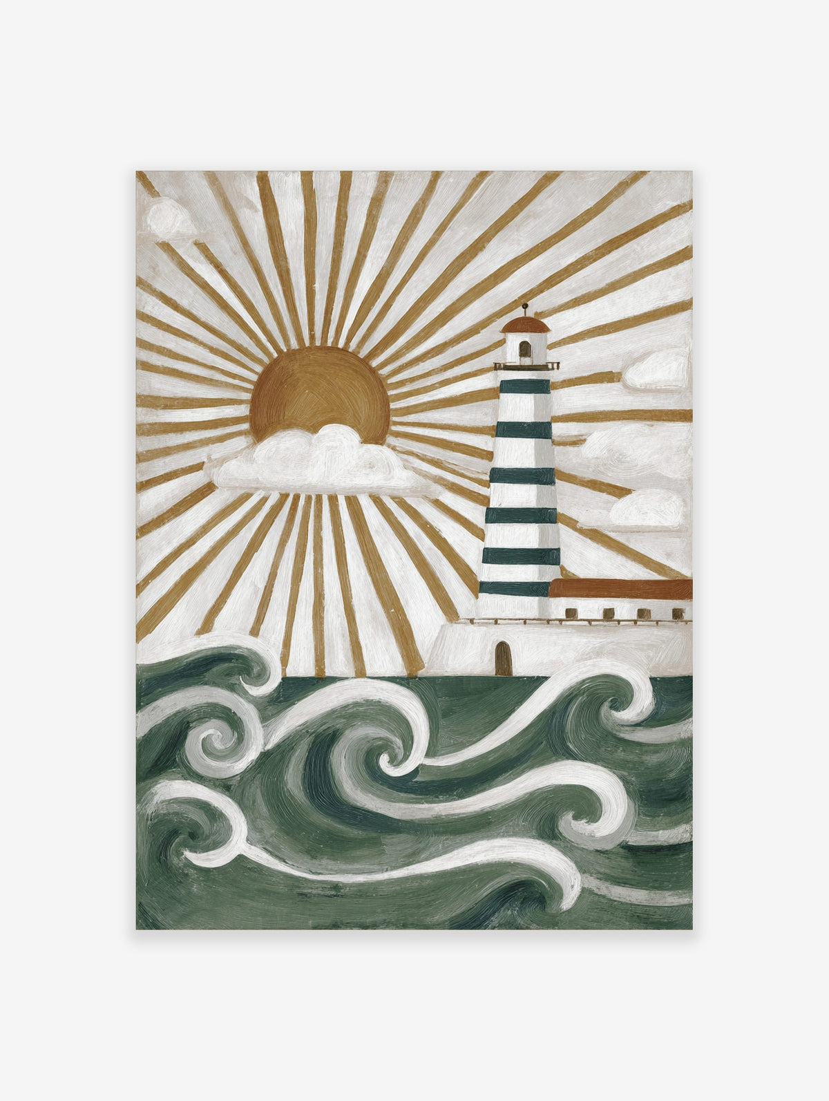 Illustrative lighthouse wall art with green and white stripes, golden sunburst, white clouds, and swirling green waves