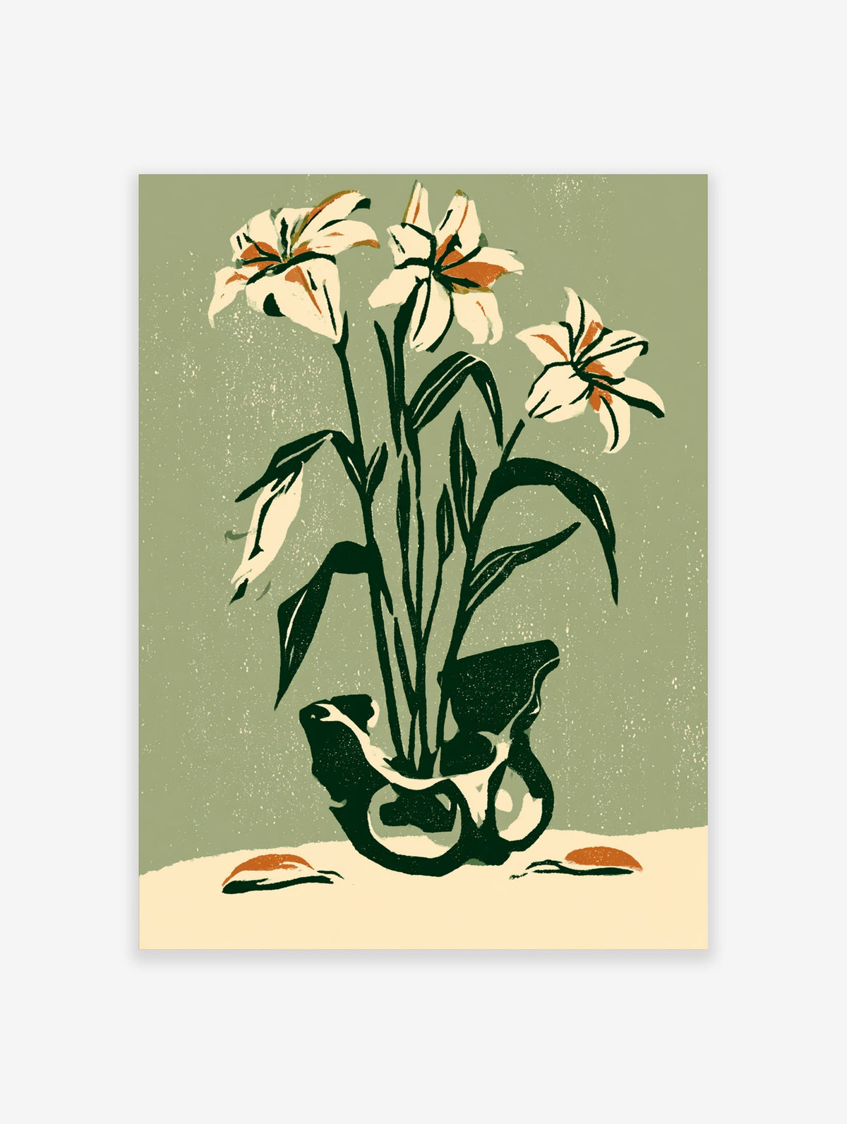 White lily flower botanical art print with green leaves and rust accents on sage background