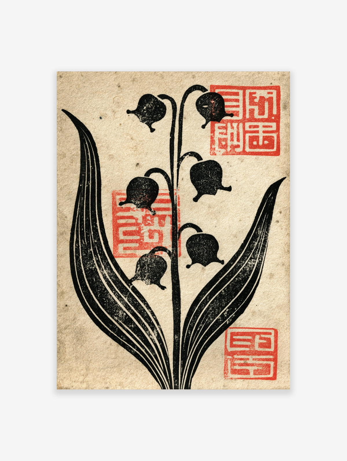 Lily of the valley botanical art print with black ink flowers and red Japanese seals on beige paper