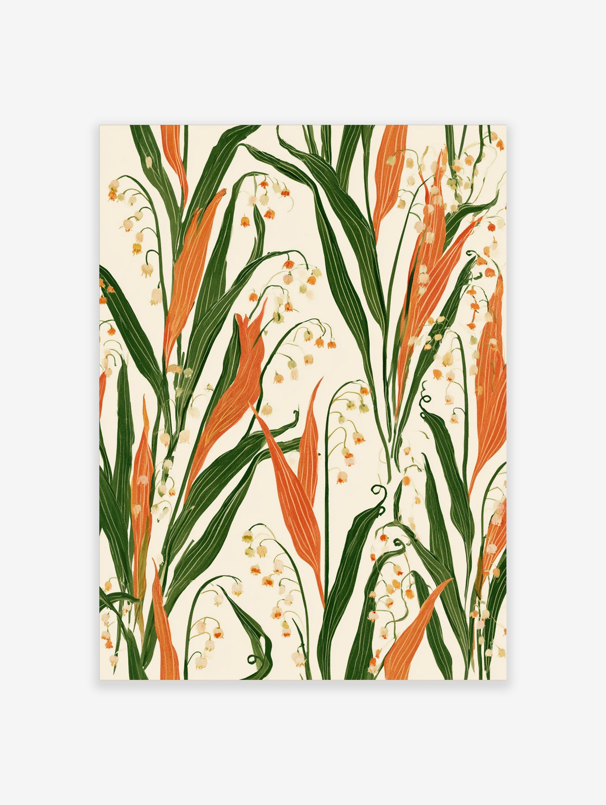 Lily of the valley botanical art print with white flowers, green stems, and orange leaves on cream